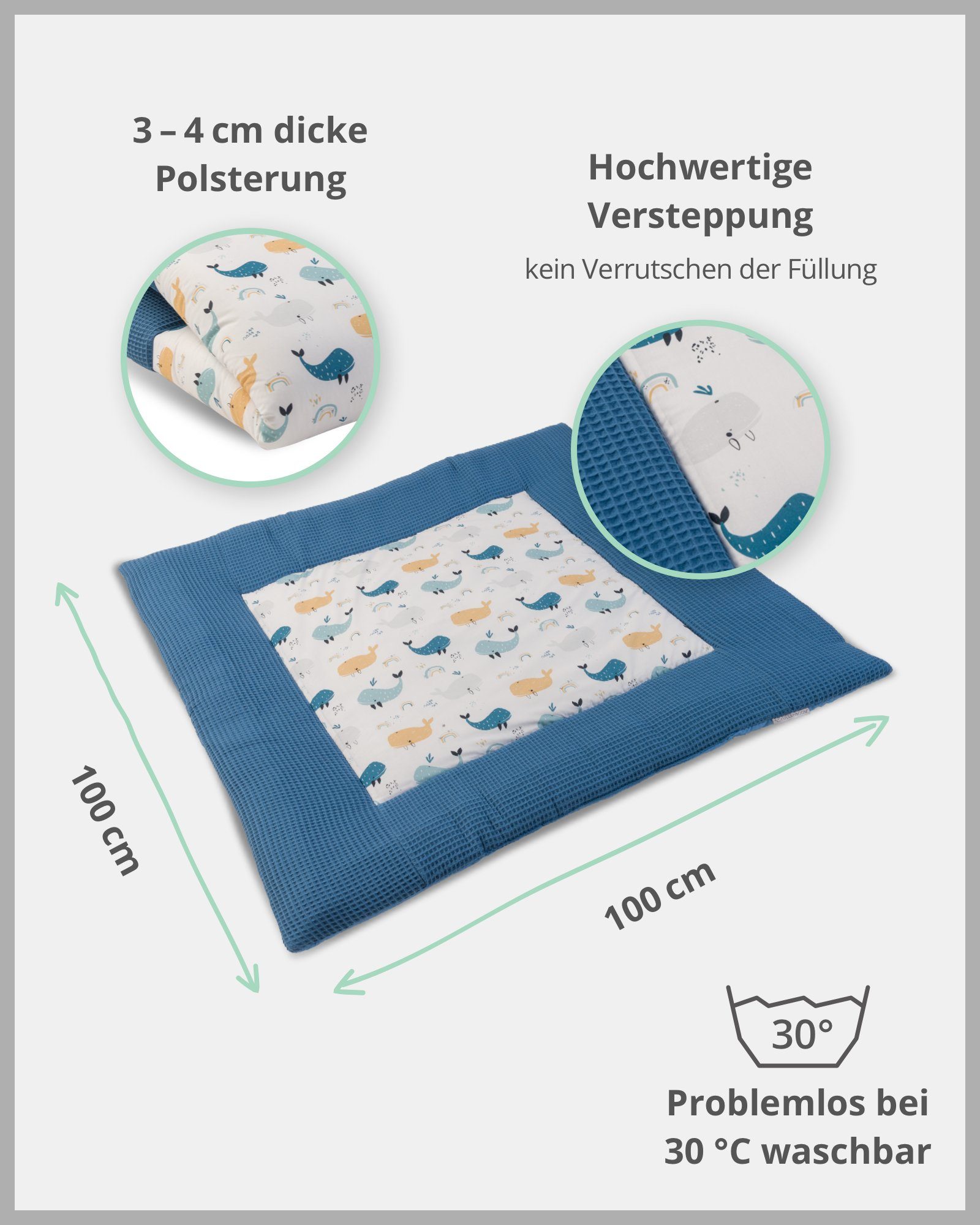 Krabbeldecke Krabbeldecke Babys 100x100 cm, Blau Wale (Made in EU), ULLENBOOM ®, Dick gepolstert, Außenstoff 100% Baumwolle, in verschiedenen Größen
