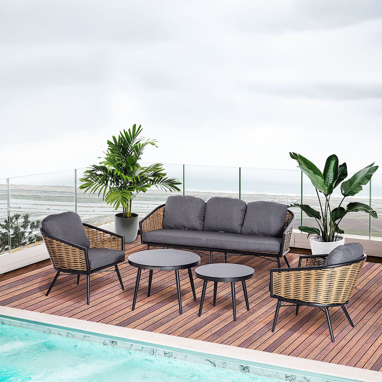 Outsunny Polyrattan Gartenmöbel Set 5-teiliges Rattensofa-Set Sitzgruppe Sitzgarnitur für Pause Lounge Teetisch mit Sofa Kissen Aluminium Natur