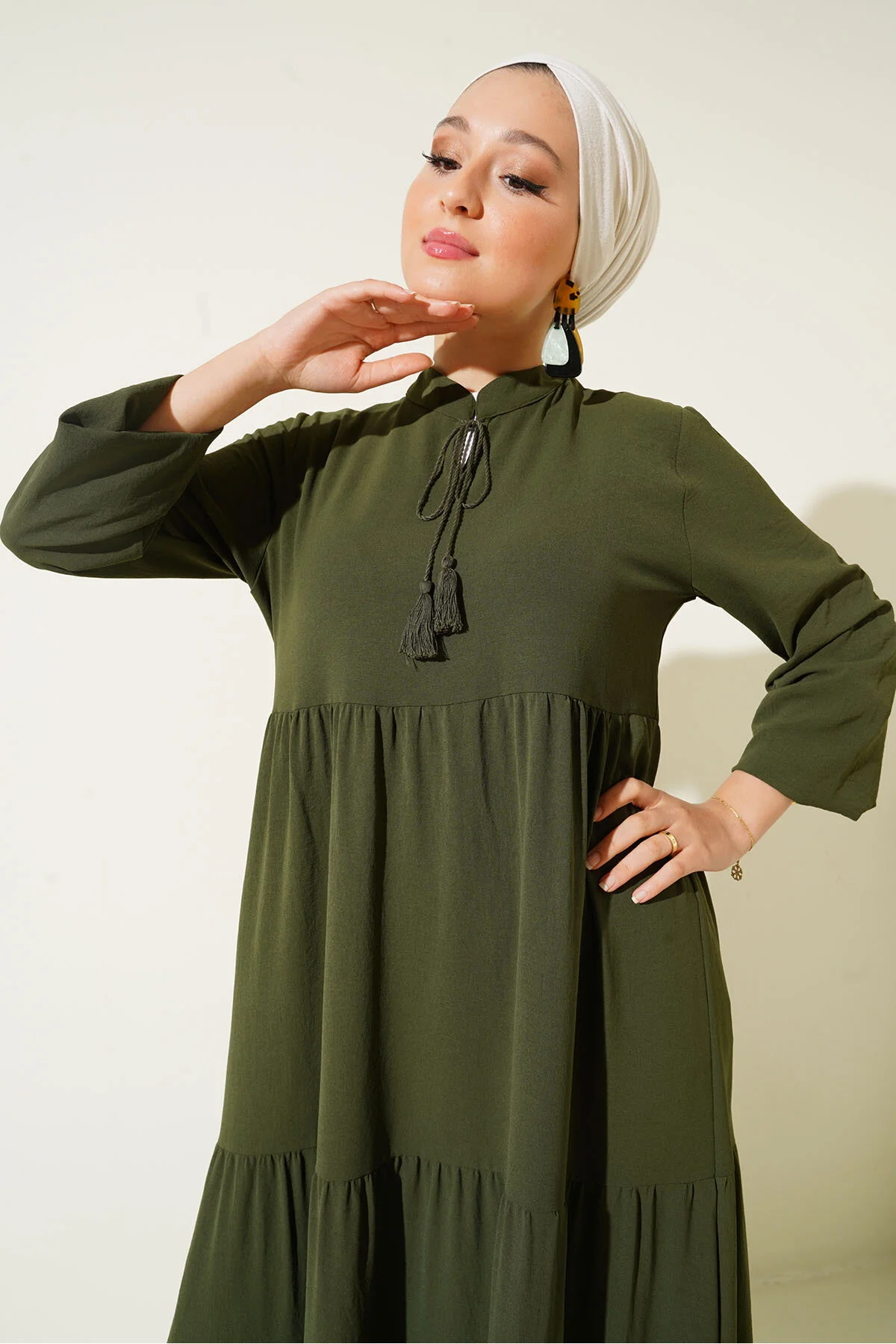 Bigdart  1627 Hijab-Kleid mit Kragen und Schnürung – D.Khaki