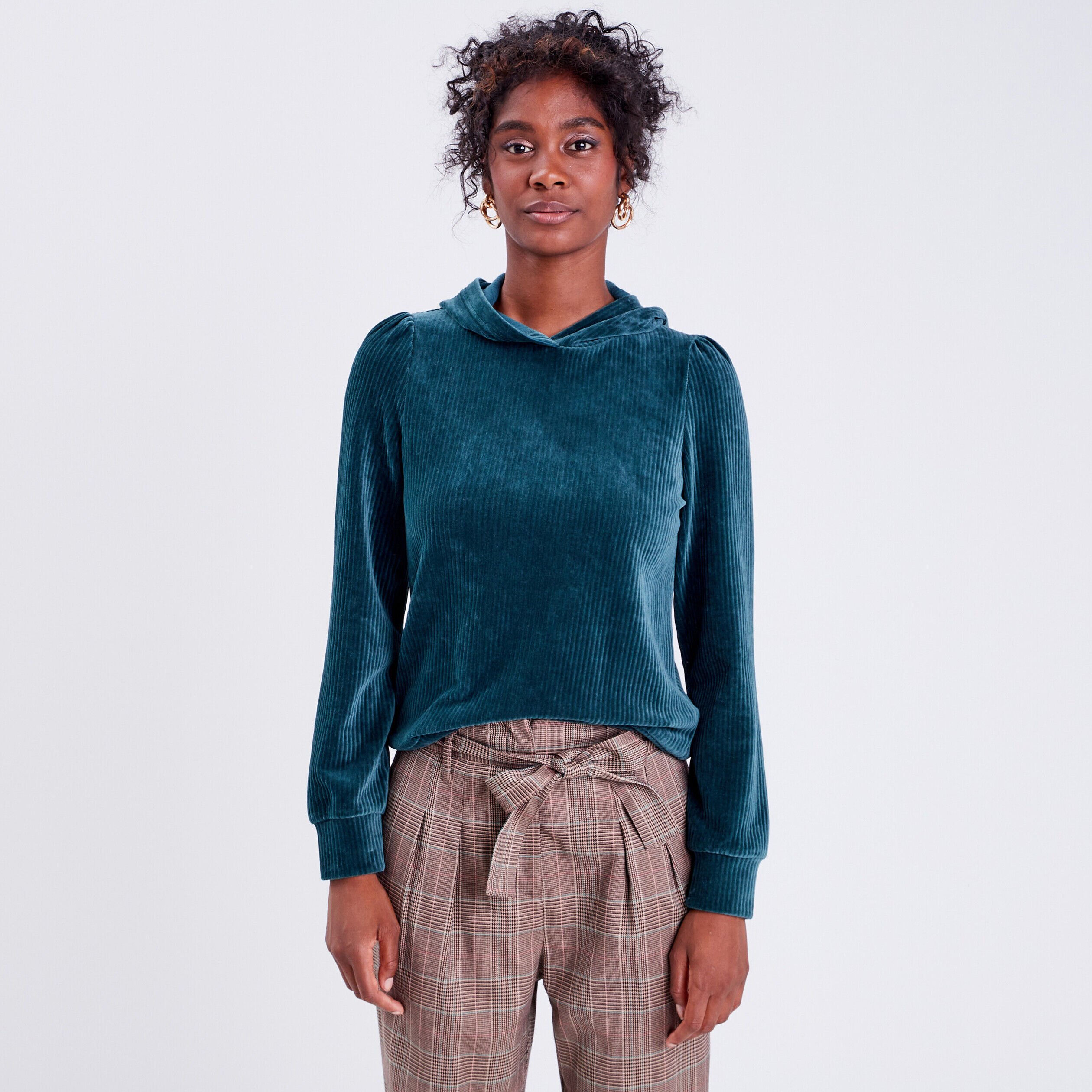 Sweat velours côtelé à capuche vert foncé femme | Cache Cache