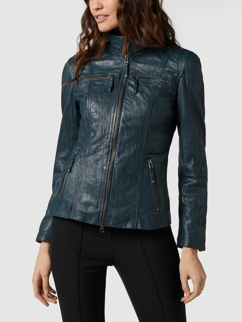 Lederjacke mit Crinkle-Effekt in marineblau