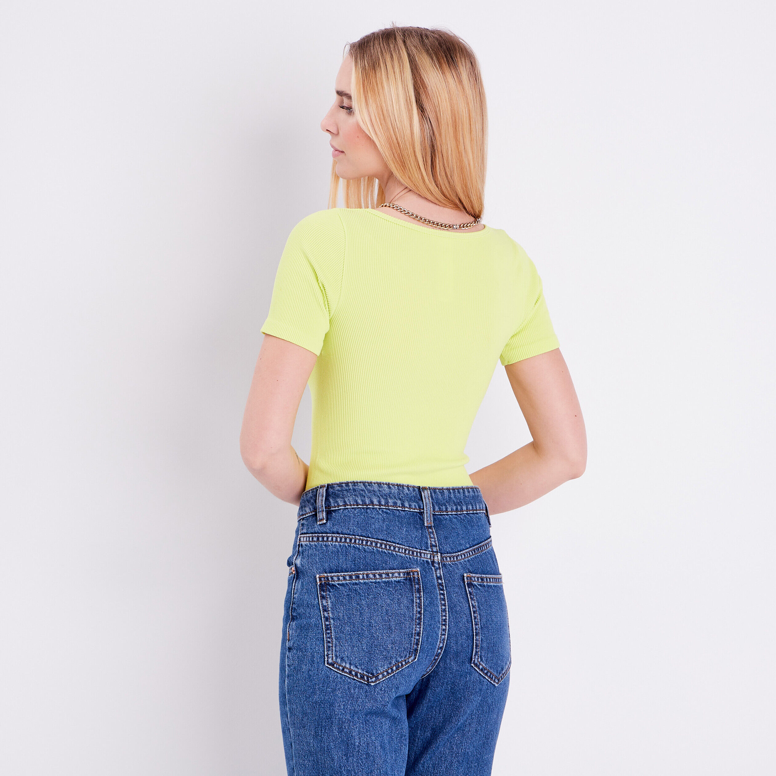 T-shirt manches courtes côtelé vert fluo femme | Cache Cache