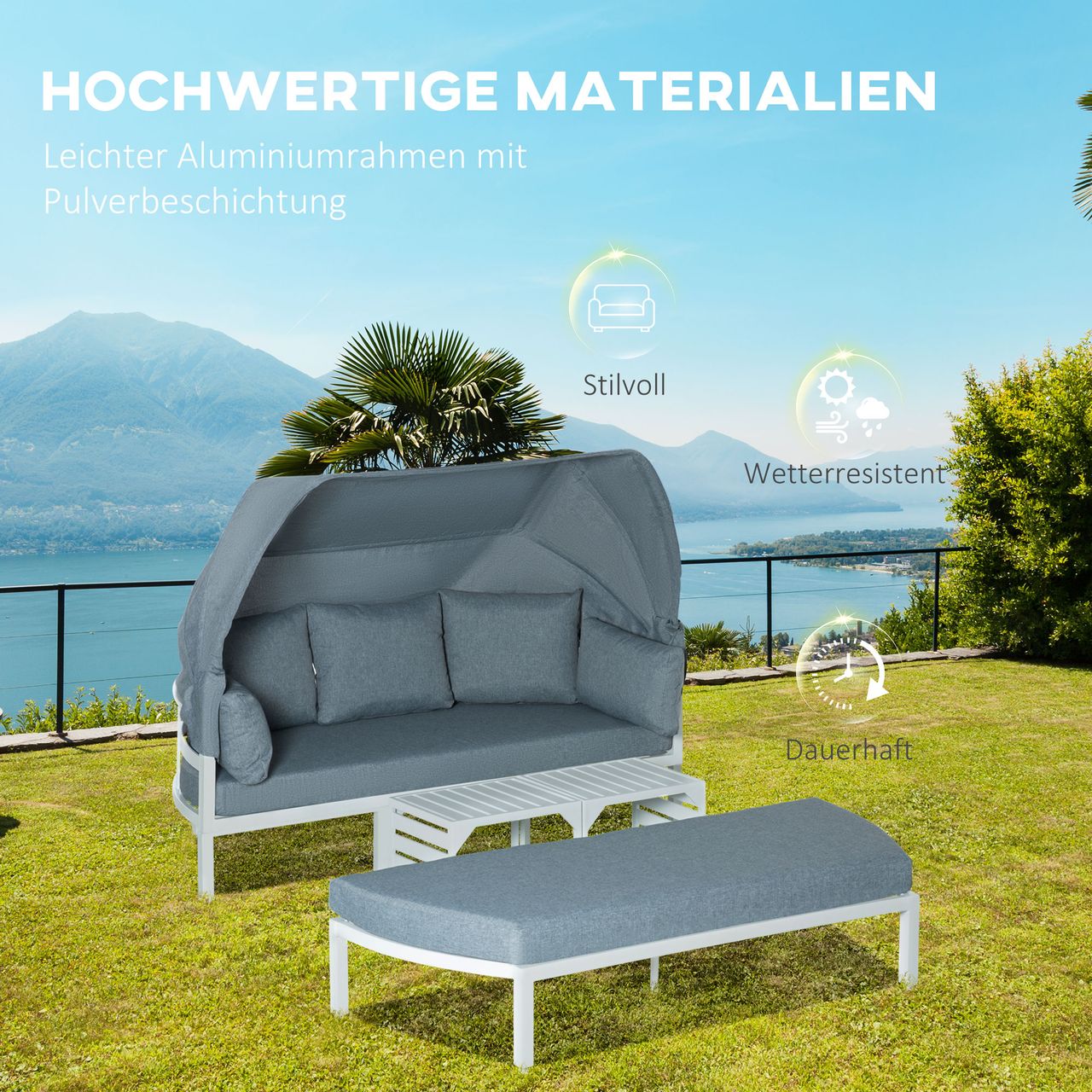 Outsunny 4-teiliges Gartenmöbel-Set mit Beistelltisch Dach Bank Balkonmöbel Set Sofa mit Kissen Outdoor Aluminium Weiß Grau