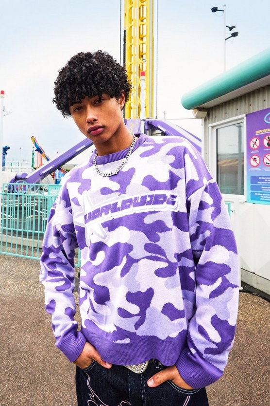 Kastiger Oversize Strickpullover mit Camouflage-Print