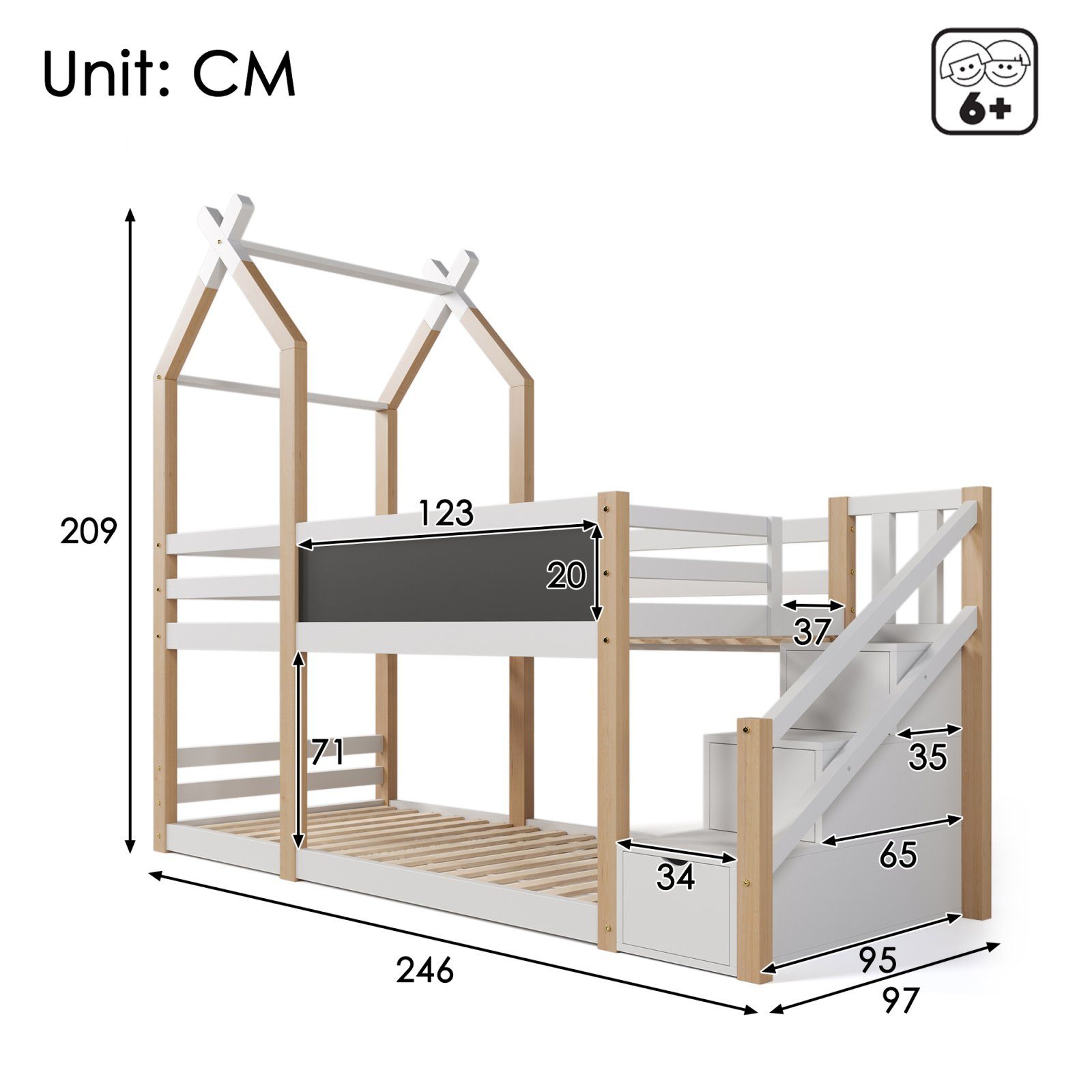FUROKOY Holzbett Baumhaus Tafel Bett mit Speicherung und Rausfallschutz mit Wandtafel, , Etagenbett Hochbett 90 x 200 cm Natur & Weiß