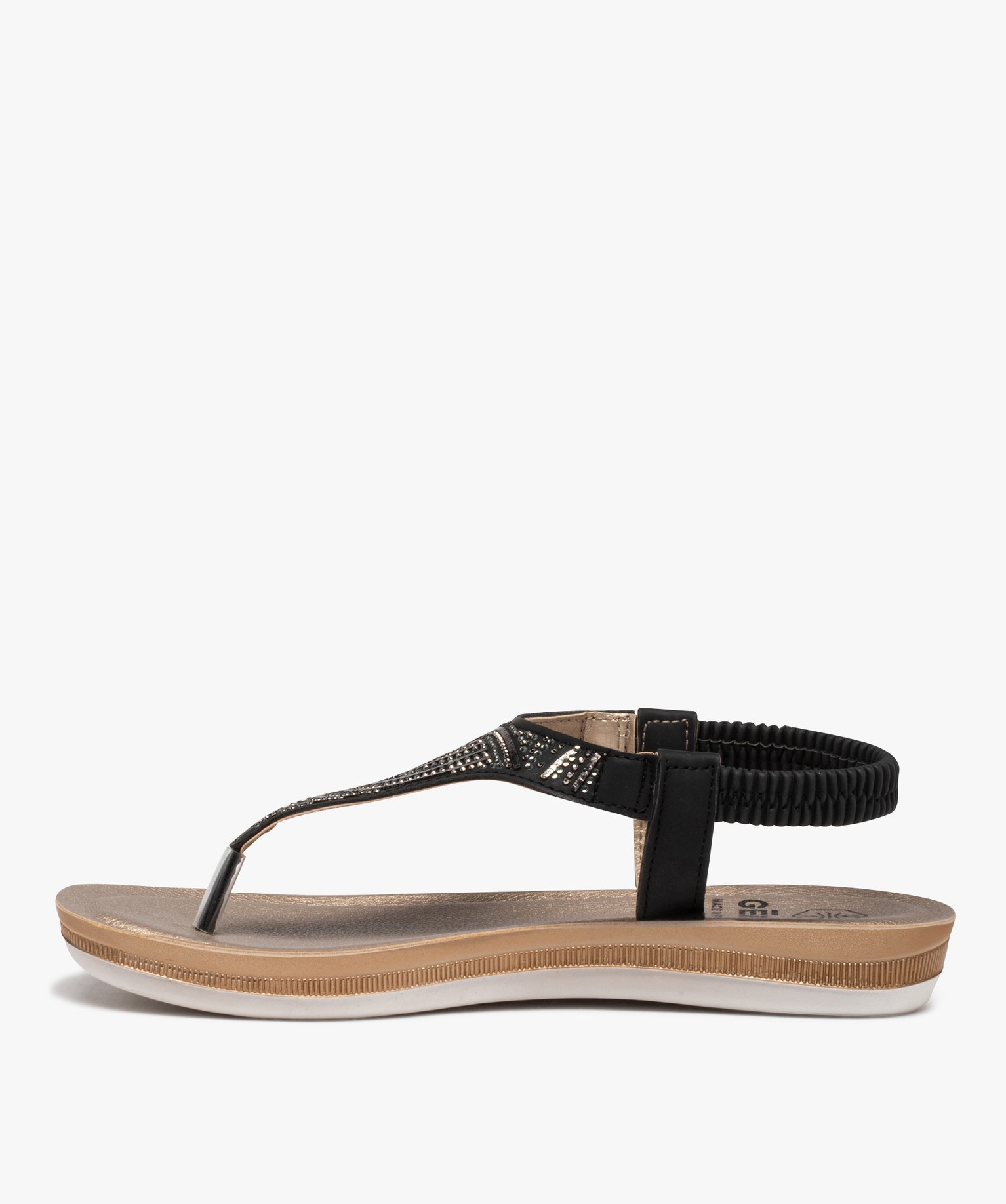 Sandales femme plates à entre-doigts ornées de strass noir | GEMO