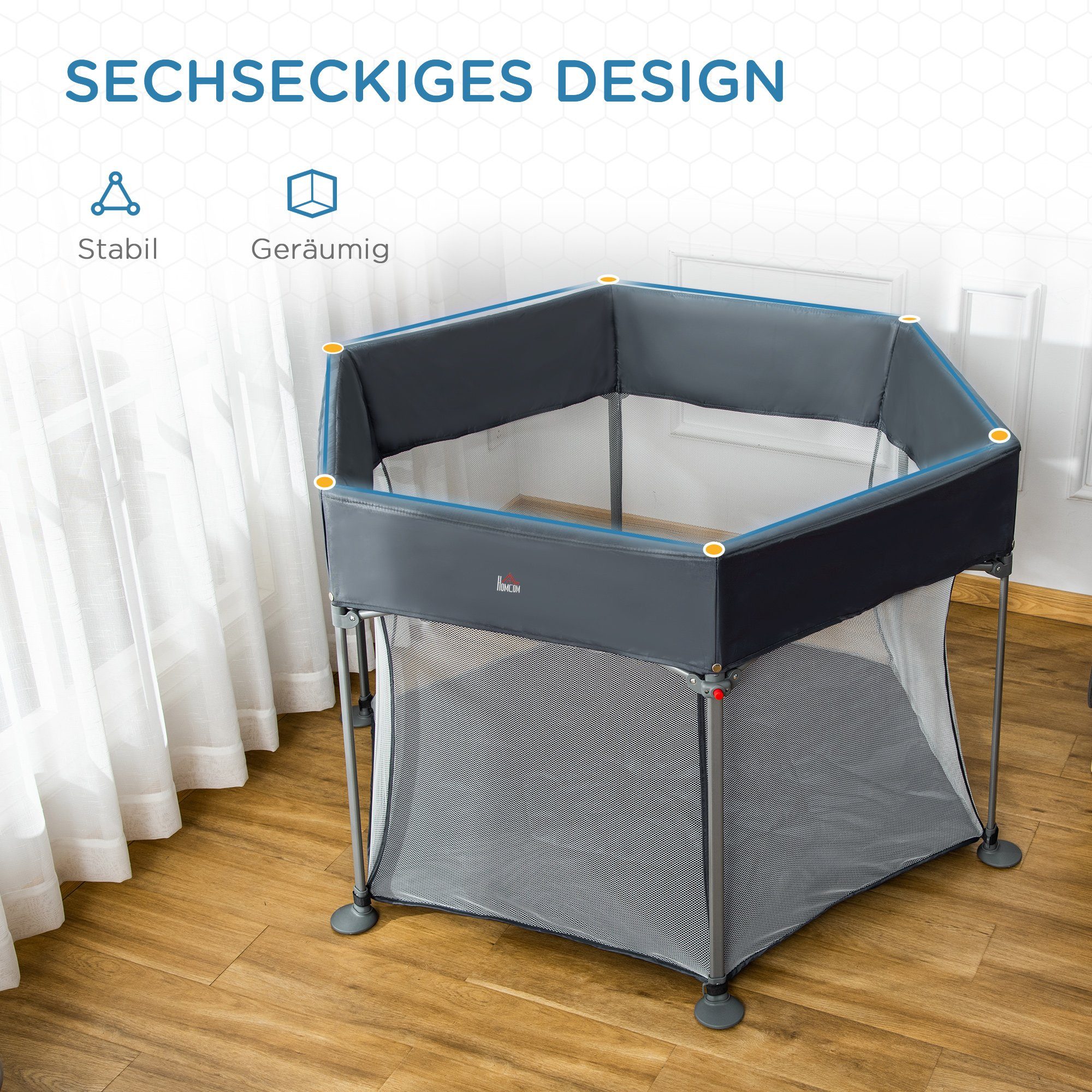 HOMCOM Laufgitter Laufstall klappbar tragbar 134 cm x 134 cm x 83 cm Mesh PP Grau (Set, 1-tlg), zusammenklappbar