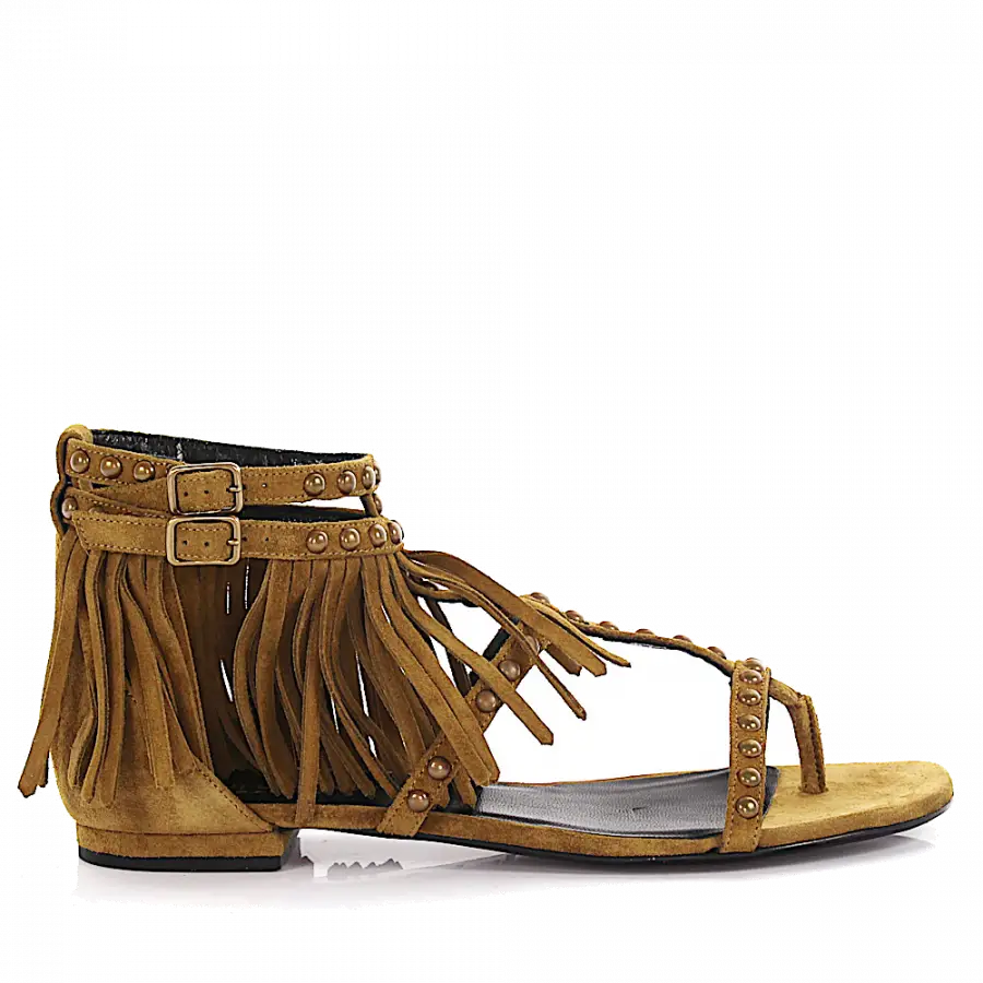 Saint Laurent - Riemchensandalen Veloursleder Fransen Nieten beige - beige