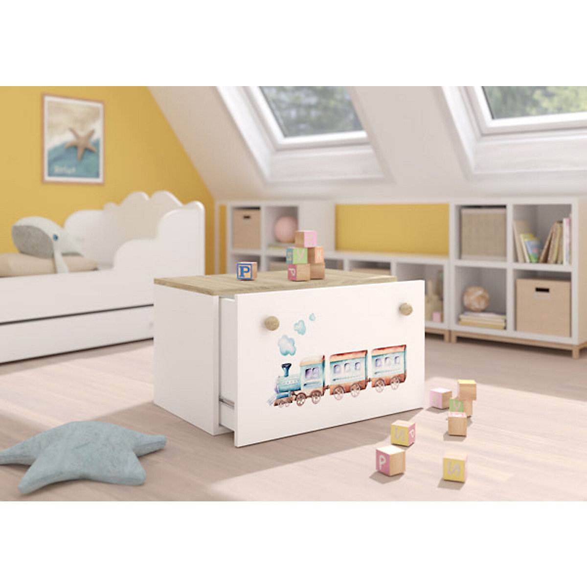 Spielzeugtruhe Sitztruhe Inga 70cm Motiv wählbar mit 1 Schublade