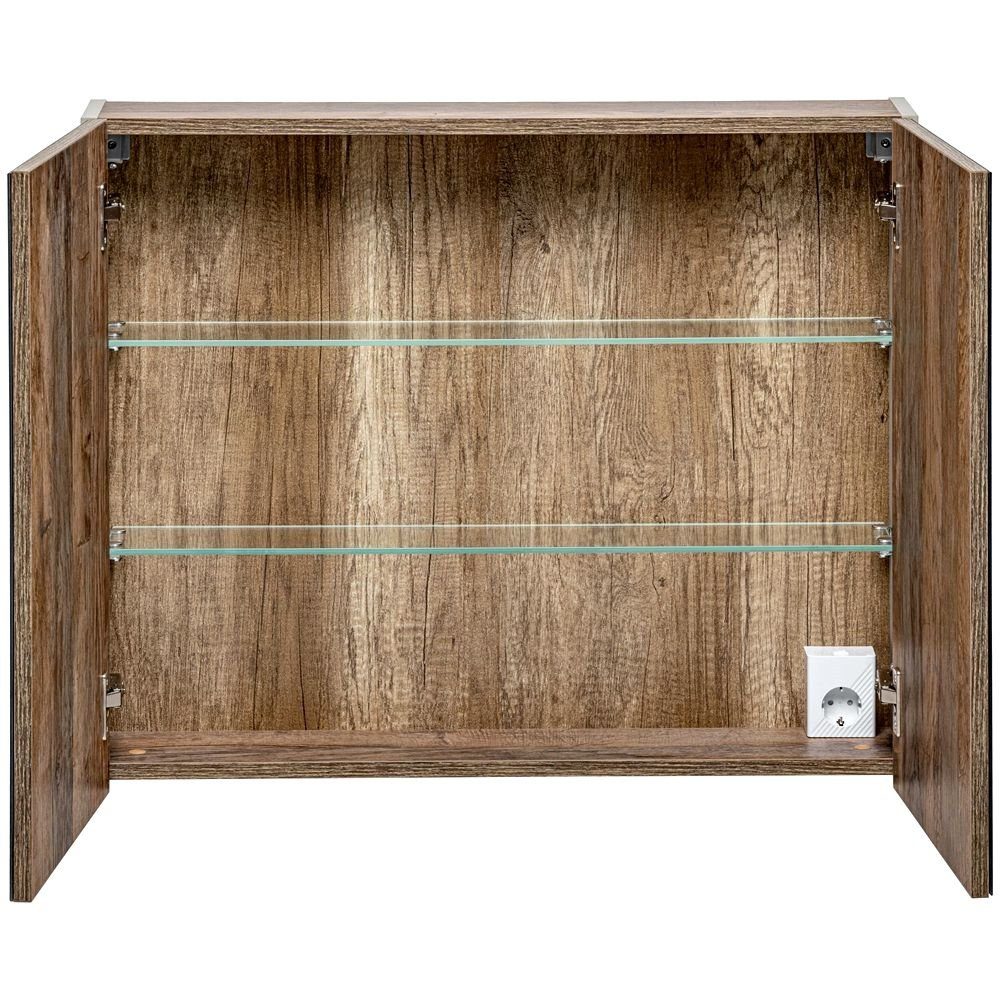 Lomadox Spiegelschrank PUEBLA-56-TAUPE 80cm mit LED in taupe mit Vintage Oak Nb. B/H/T ca. 80/65-75/17 cm