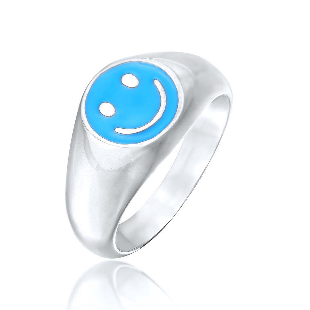 KUZZOI KUZZOI Bague Hommes Sceau Smile Emoji avec émail bleu en argent sterling 925 Bague