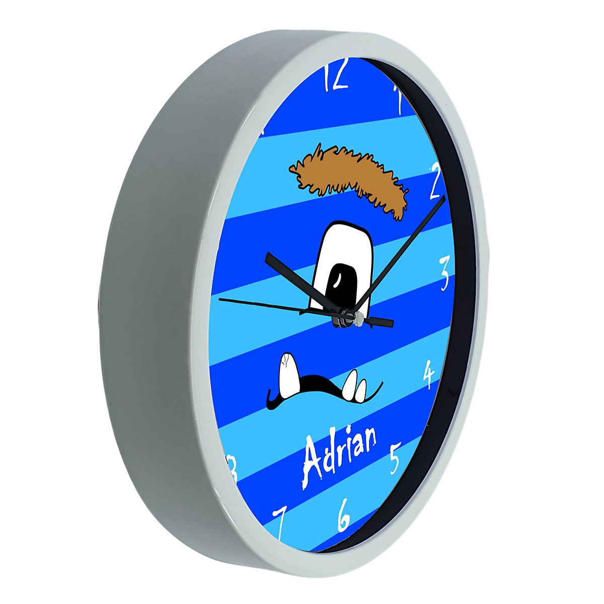 Kinder Wanduhr personalisiert mit Name Monster Streifen blau