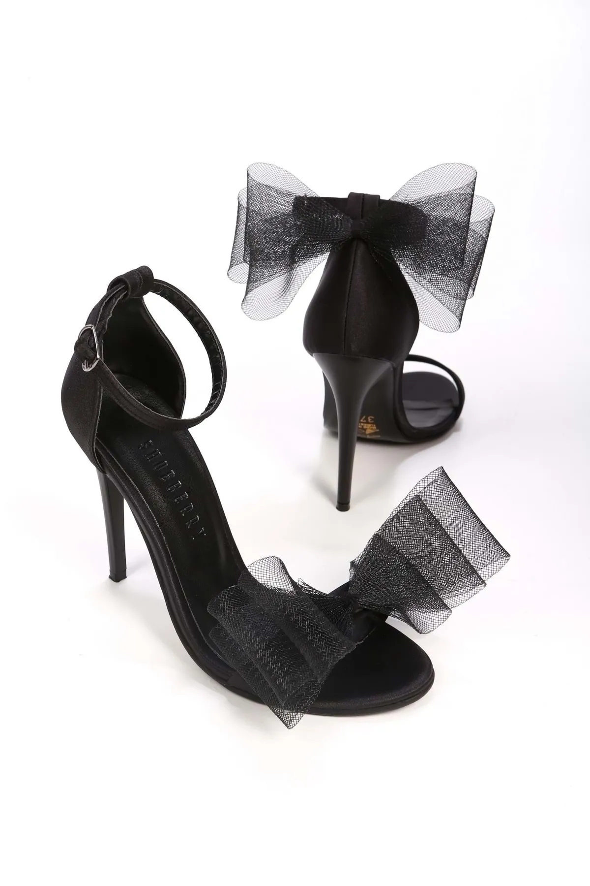 Shoeberry  Damen-High-Heels von Flores aus schwarzem Satin mit Schleife und einzelnem Band
