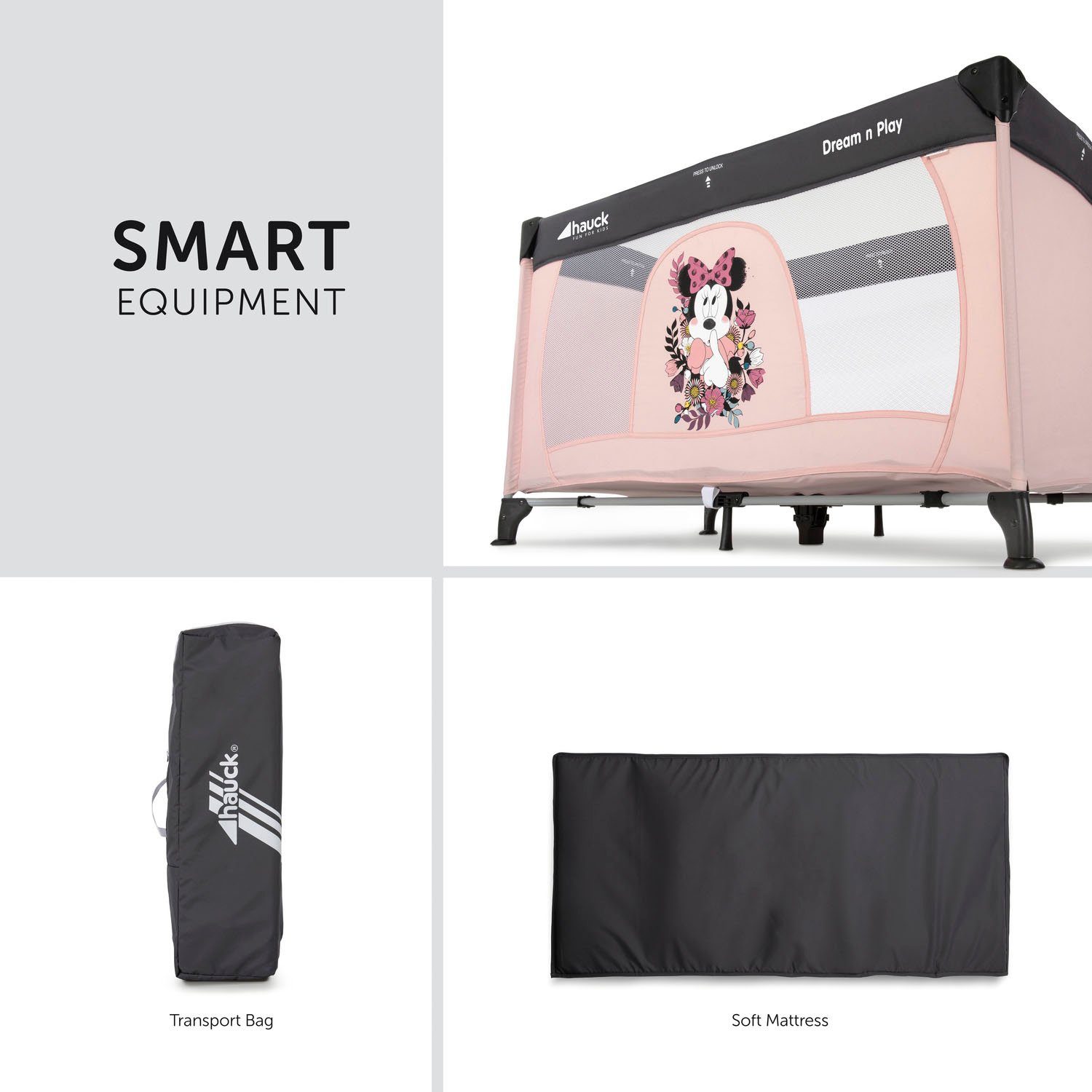 Hauck Baby-Reisebett Dream N Play - Minnie Sweetheart, inkl. Transporttasche