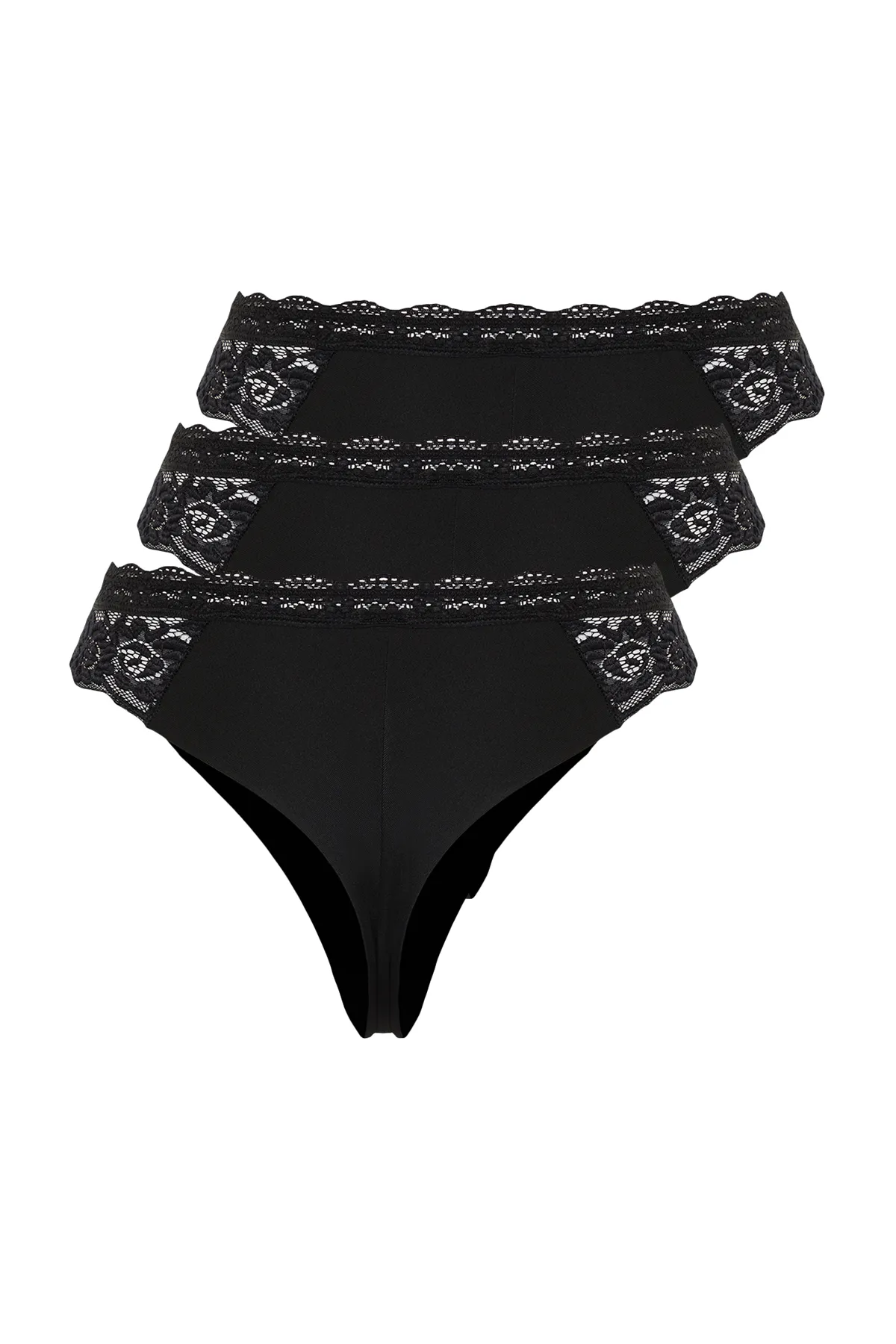 Trendyol Collection  Schwarzer Tanga aus Strick mit Mikrospitze THMSS24KU00013