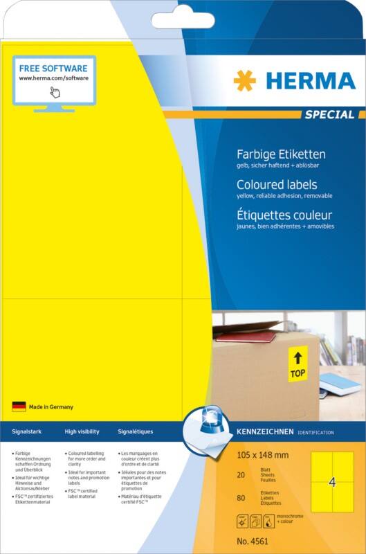 HERMA Farbige Etiketten 4561 Gelb Rechteckig 105 x 148 mm 20 Blatt à 4 Etiketten