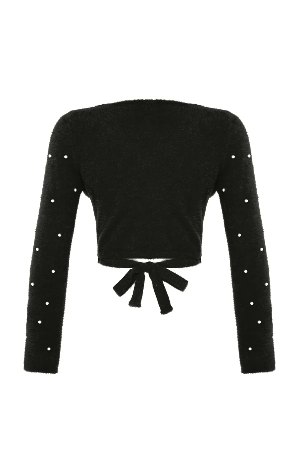 Trendyol Collection  Schwarzer Superkurzer Pullover mit Federn und Perlendetail TWOAW24KZ00228