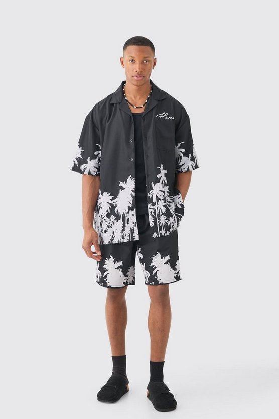 Kastiges Oversize Hemd mit Palmen-Saum & Shorts