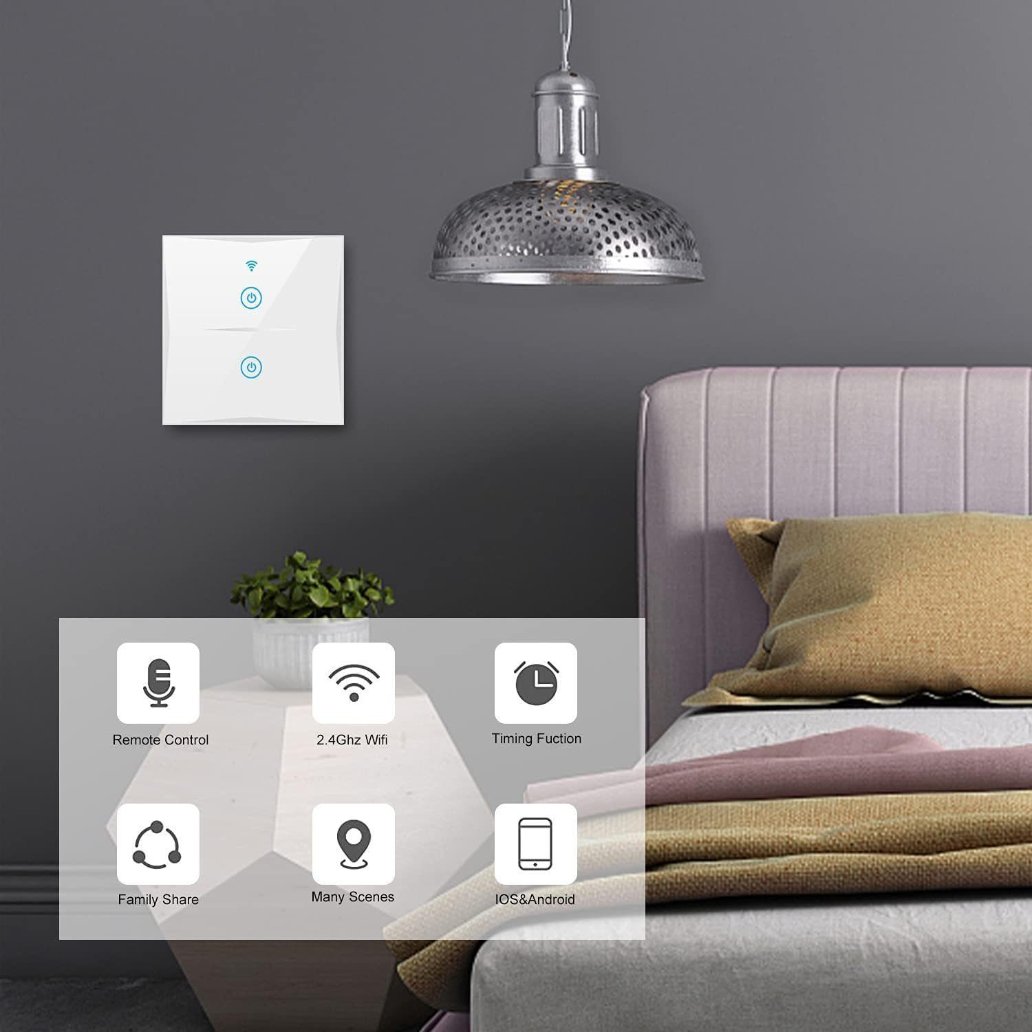 KESSMANN Lichtschalter Smart Home Touch Wifi 2-Weg Lichtschalter Wireless Schalter weiß Glas (Energiesparend, 1-St., smarthome Schalter ohne für Steckdose Alexaschalter Licht Lampe), kompatibel mit Alexa Google Assistant LED Wandschalter WLAN Timer f