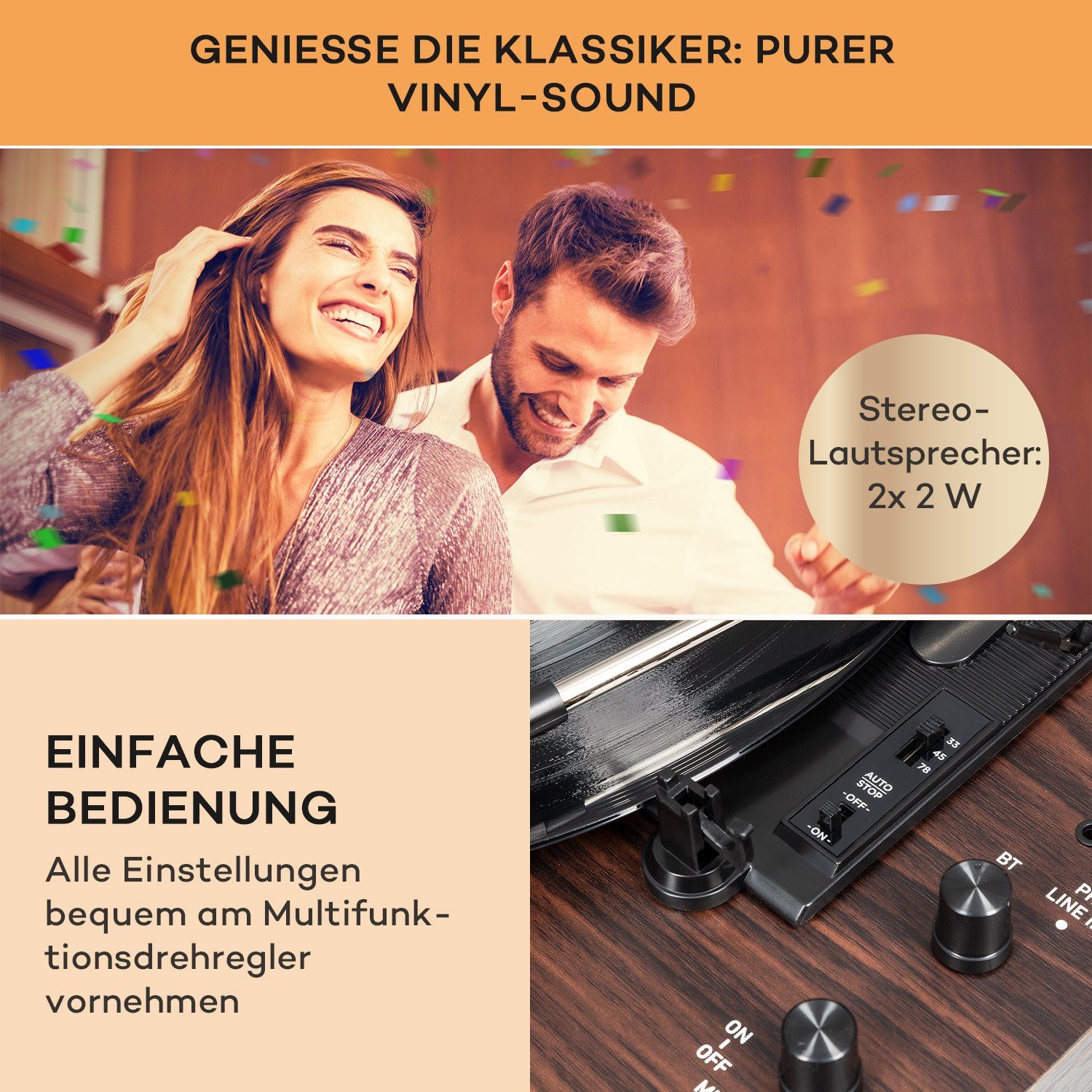 Auna TT-Classic Chrono Plattenspieler (Riemenantrieb, Bluetooth, Schallplattenspieler mit Lautsprecher Vinyl Plattenspieler)