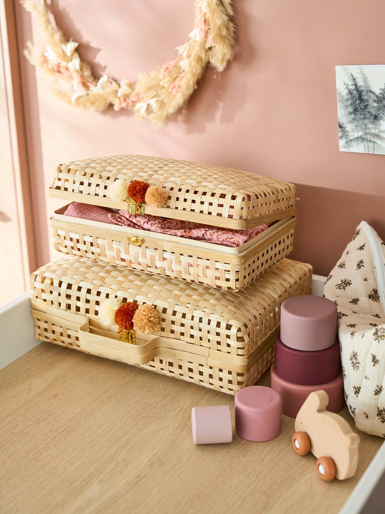 Vertbaudet Kinderzimmer 2er-Set Aufbewahrungskoffer aus Bambus - beige