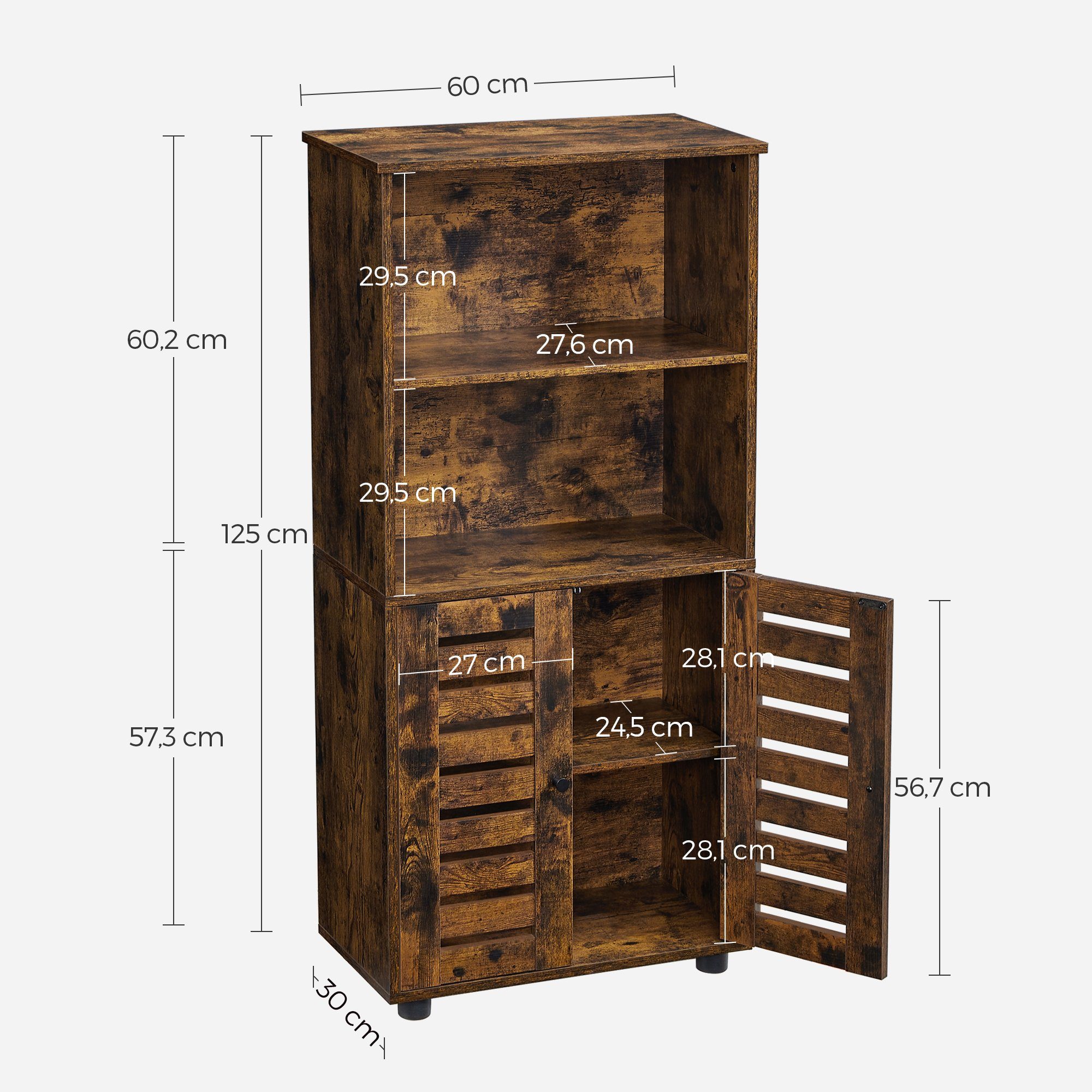 VASAGLE Highboard, Bücherschrank mit Lamellentüren, 2 offene Fächer