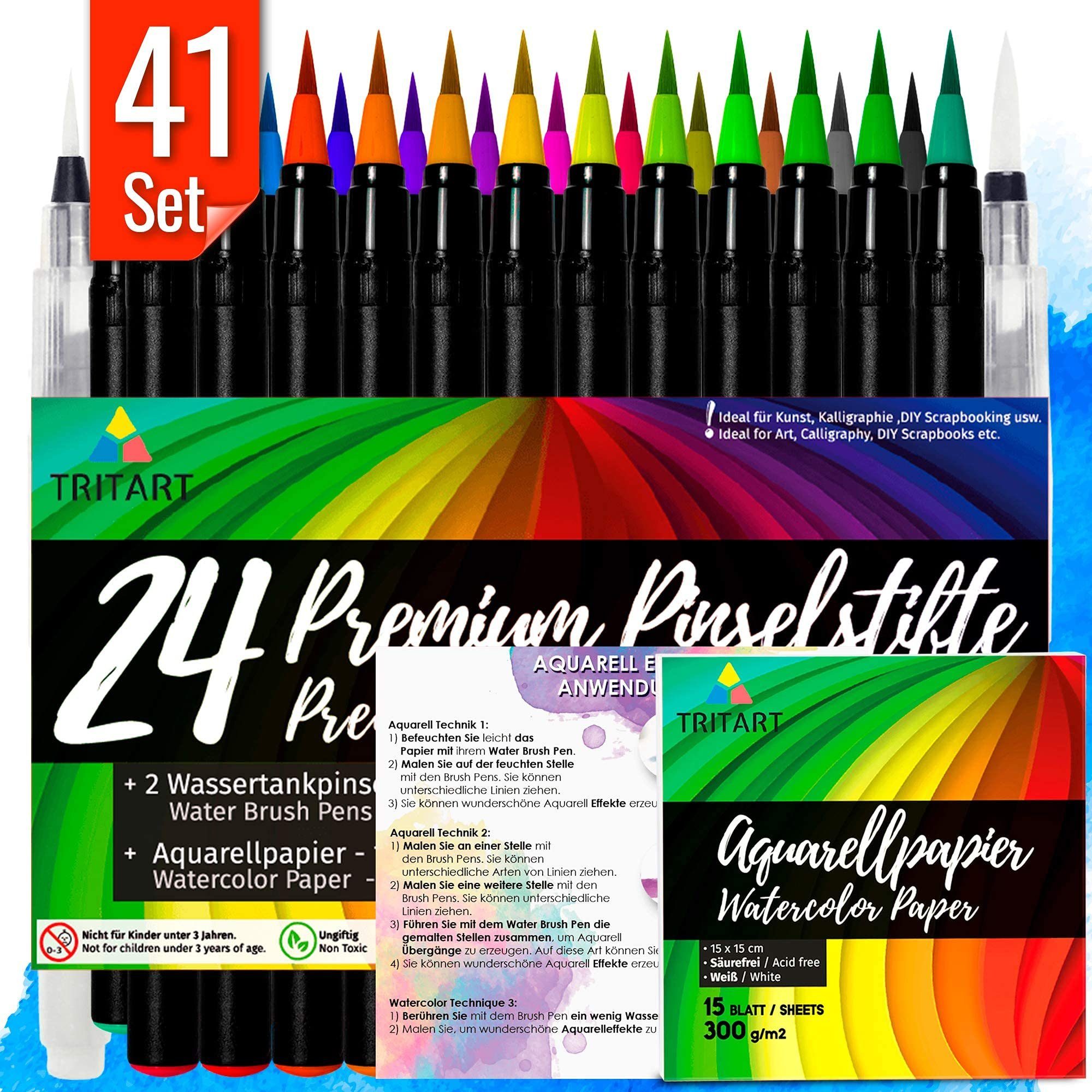 Tritart Pinselstift Pinselstift-Set - 24 Stifte, 2 Wasserpinsel, 15 Aquarellblätter, Brush Pens Set - 24 Pens, 2 Water Brushes, 15 Sheets