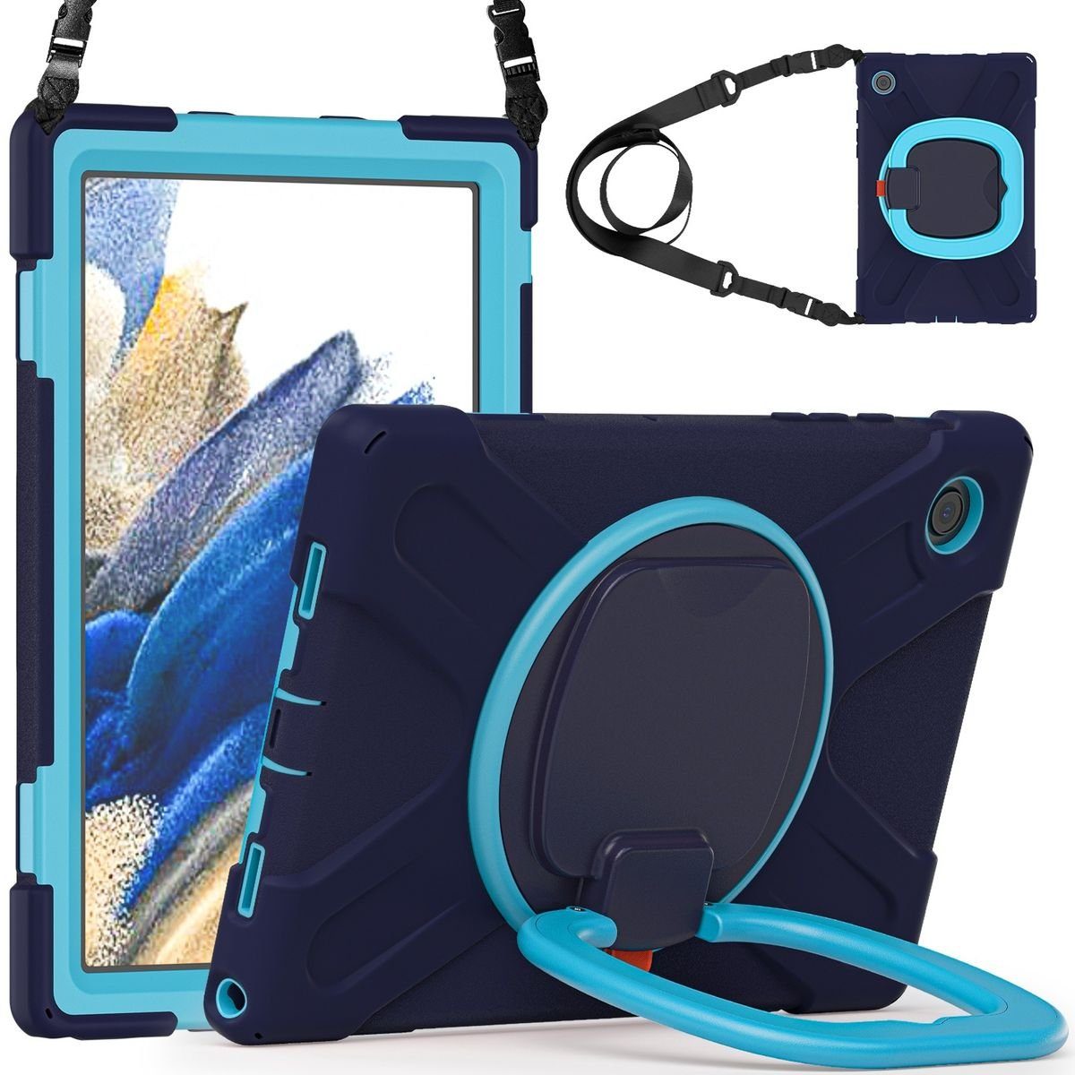 Wigento Tablet-Hülle Für Samsung Galaxy Tab A8 2021 Outdoor Hybrid Dunkelblau Trage Gurt