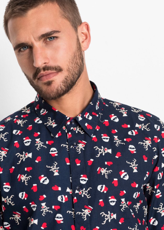 Langarmhemd mit Weihnachts-Druck, Slim Fit