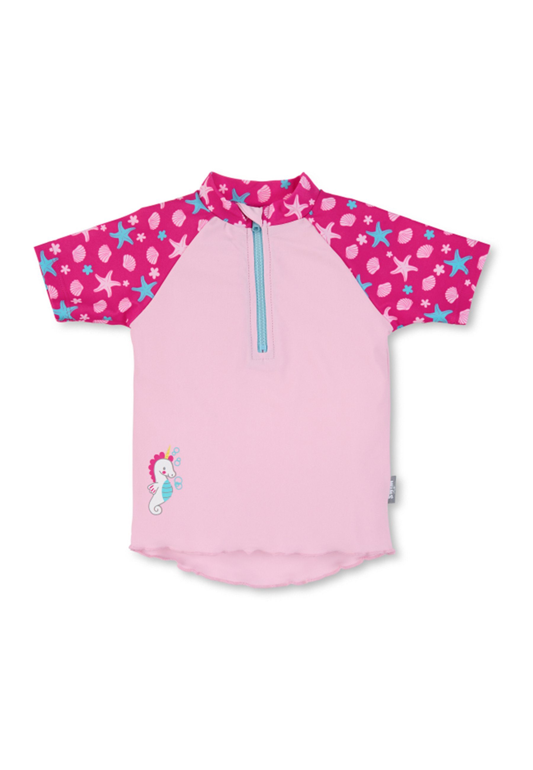 Sterntaler® Badeanzug Kurzarm-Schwimmshirt uni + Seesterne Schwimmshirt Kinder - Kurzarm-Schwimm Shirt in Rosa und Seesternen-Print, UV-Schutz 50+ Badeshirt Baby mit Reißverschluss, Kinnschutz und unifarbene Ärmel