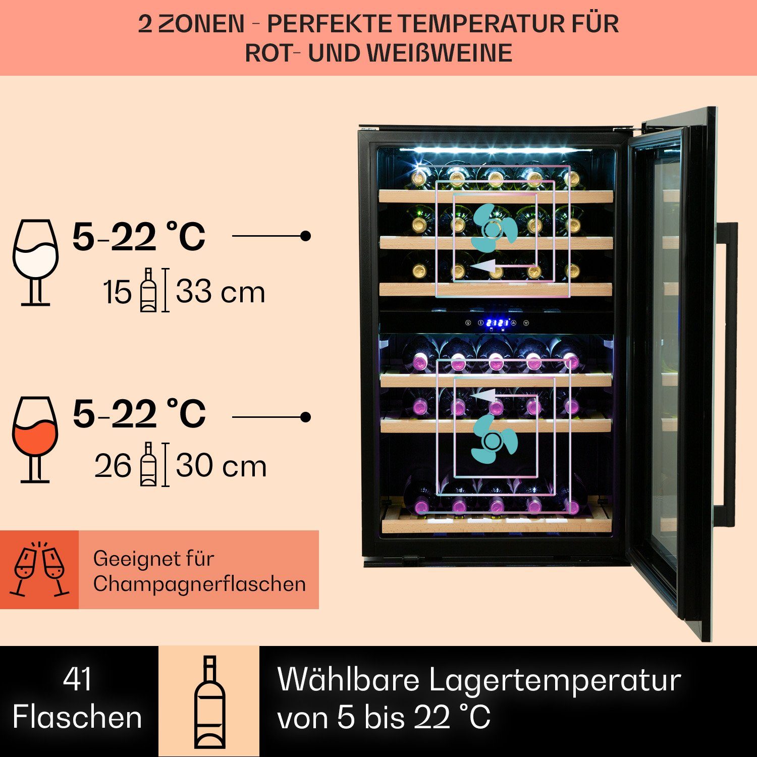 Klarstein Weinkühlschrank Vinsider, für 41 Standardflaschen á 0,75l,2 Zonen Wein Flaschenkühlschrank Weintemperierschrank Weinschrank