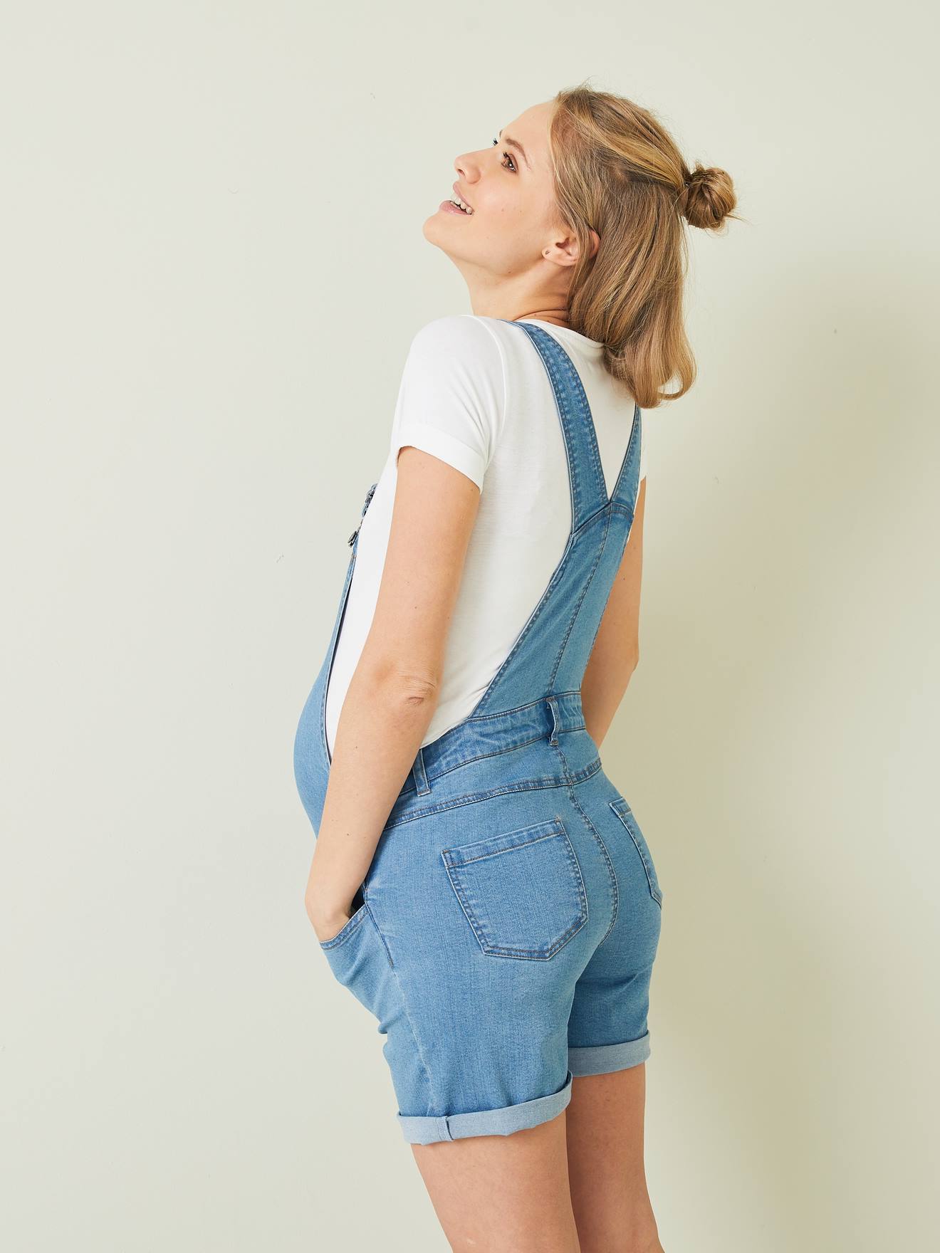 Salopette short en jean de grossesse double stone