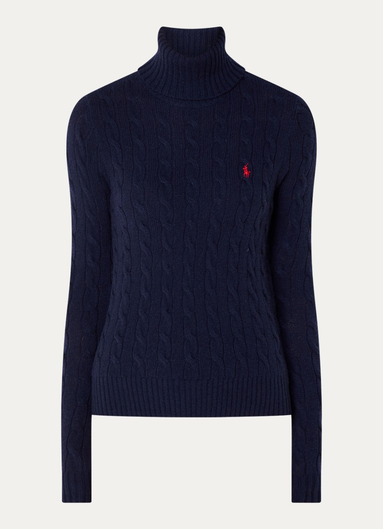Pull à col roulé Ralph Lauren en maille torsadée, mélange cachemire, avec broderie logo.