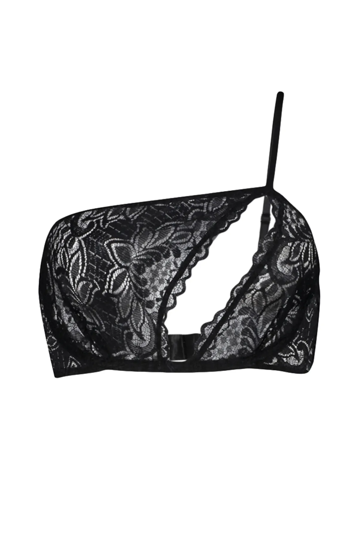 Trendyol Collection  Schwarzer Spitzen-BH mit String-Trägern und ohne Bügel, Strick-BH THMSS24SU00045