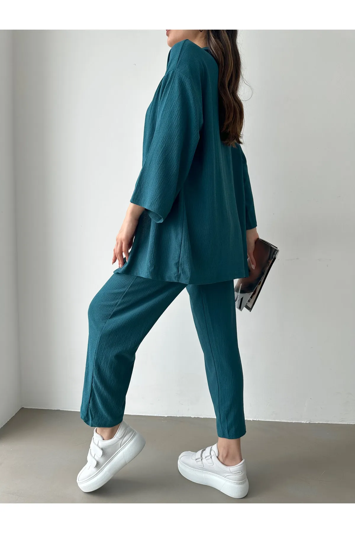 BEJNA  Petrolgrünes Kimono-Hosen-Strickset für Damen