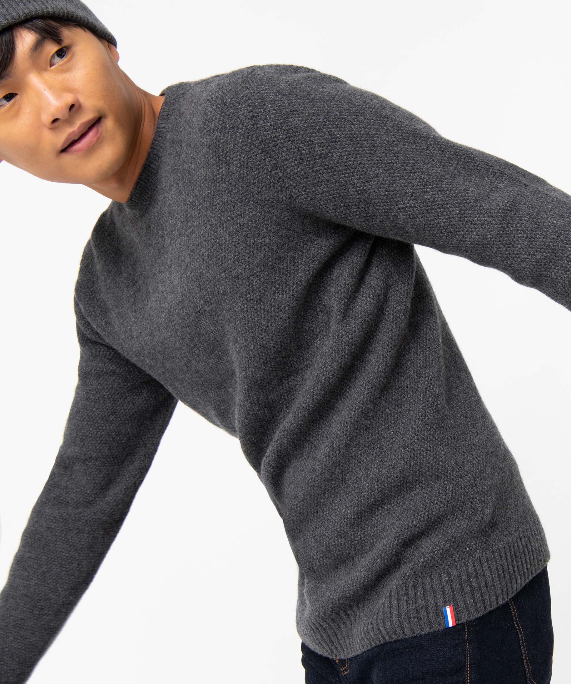 Pull homme contenant de la laine en maille 3D innovante gris fonce | GEMO