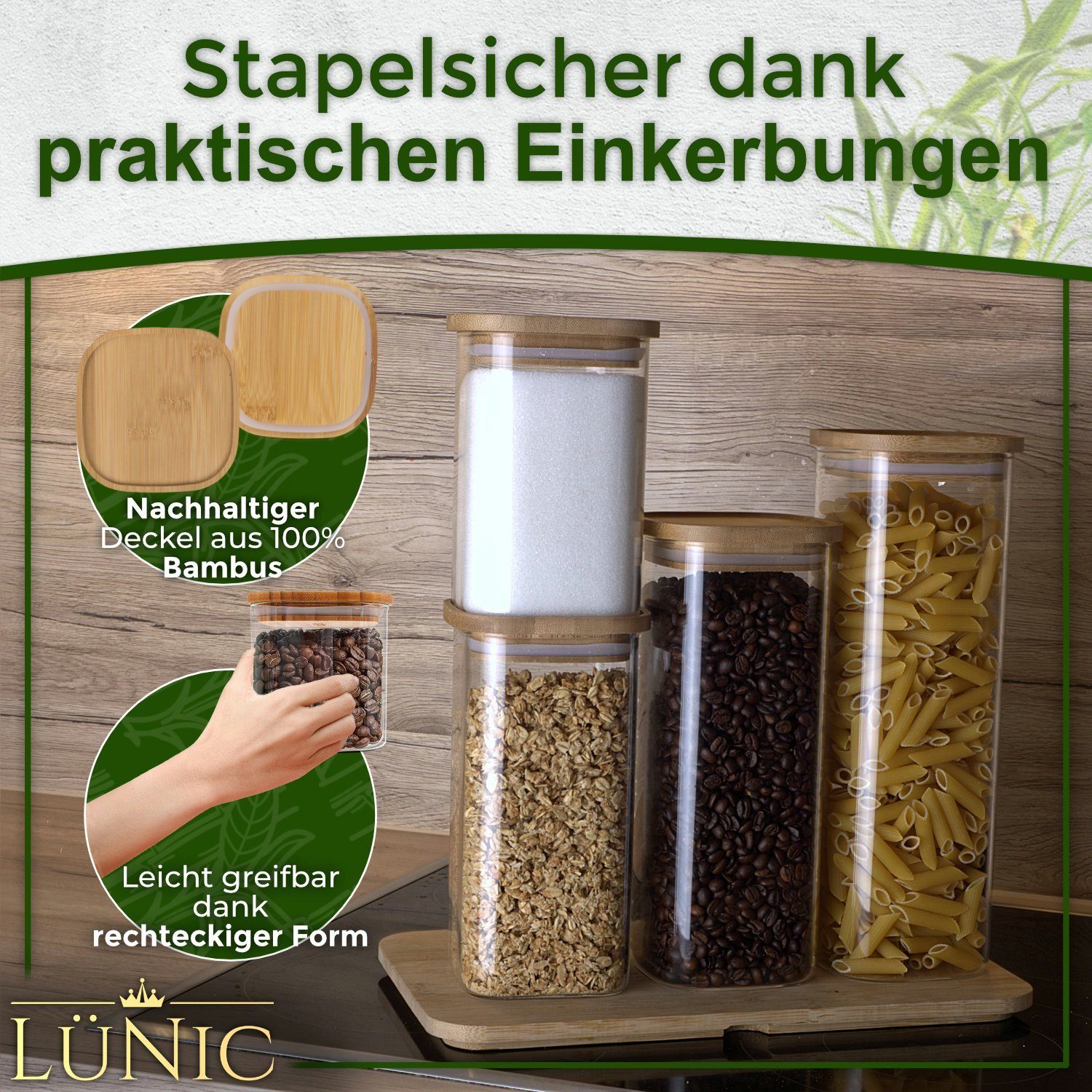 LÜNIC Vorratsglas Vorratsbehälter Glasbehälter Vorratsdosen, Borosilikatglas, (2-tlg., 1500ml), mit Bambusdecke, eckig