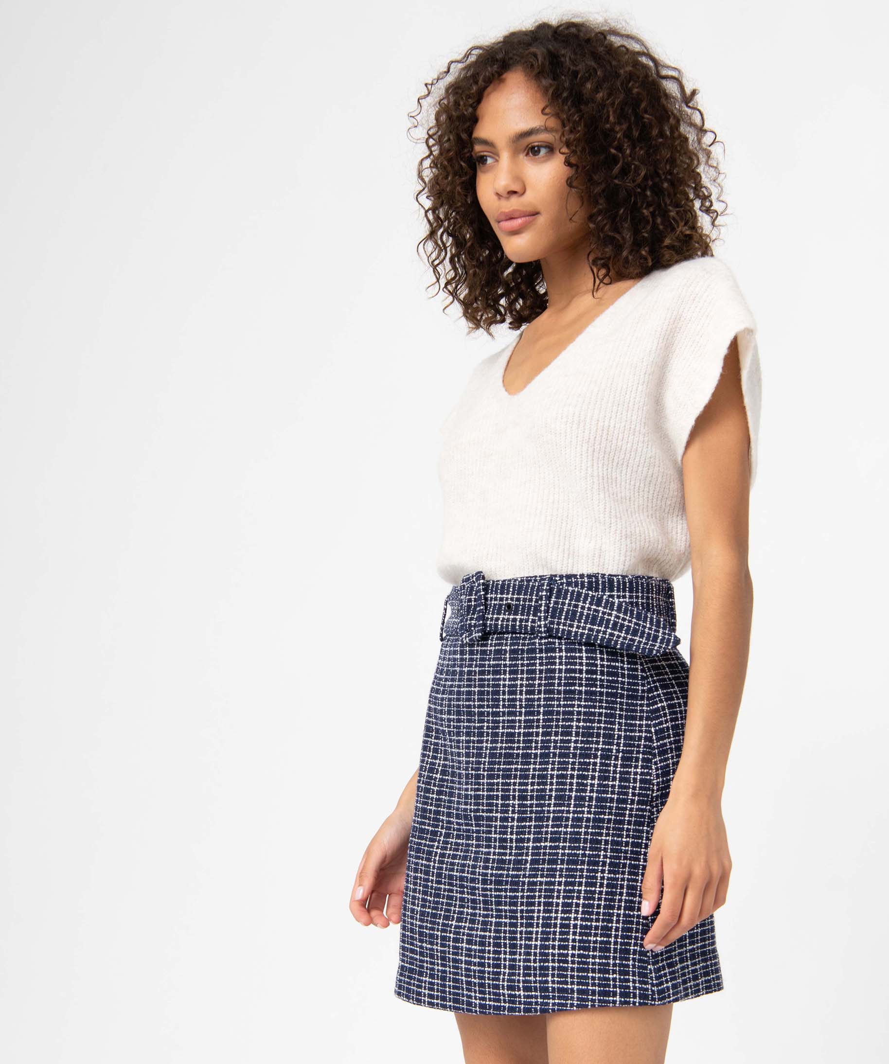 Jupe femme aspect tweed avec large ceinture à boucle bleu | GEMO