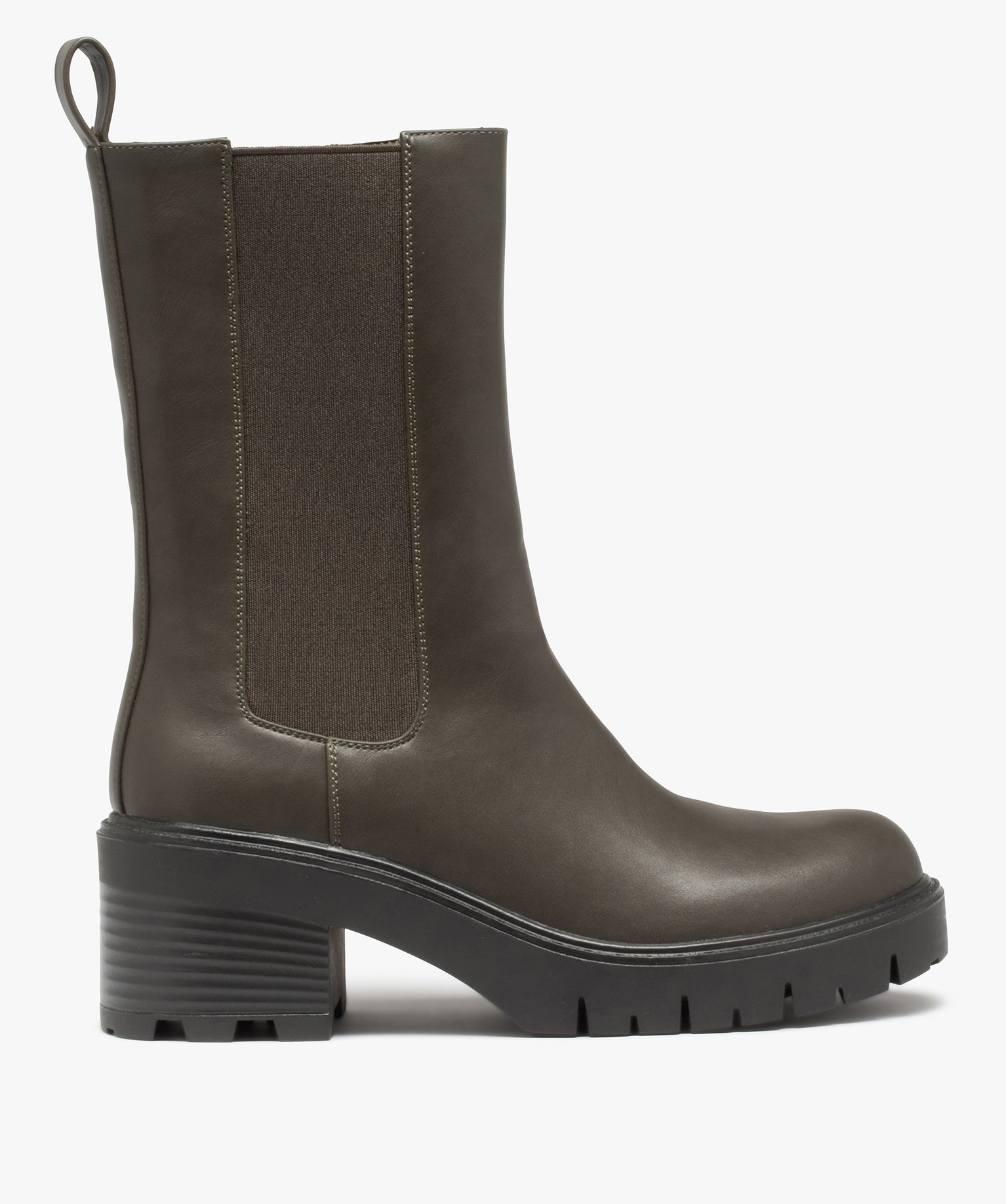 Boots femme unies à talon large et semelle crantée kaki | GEMO