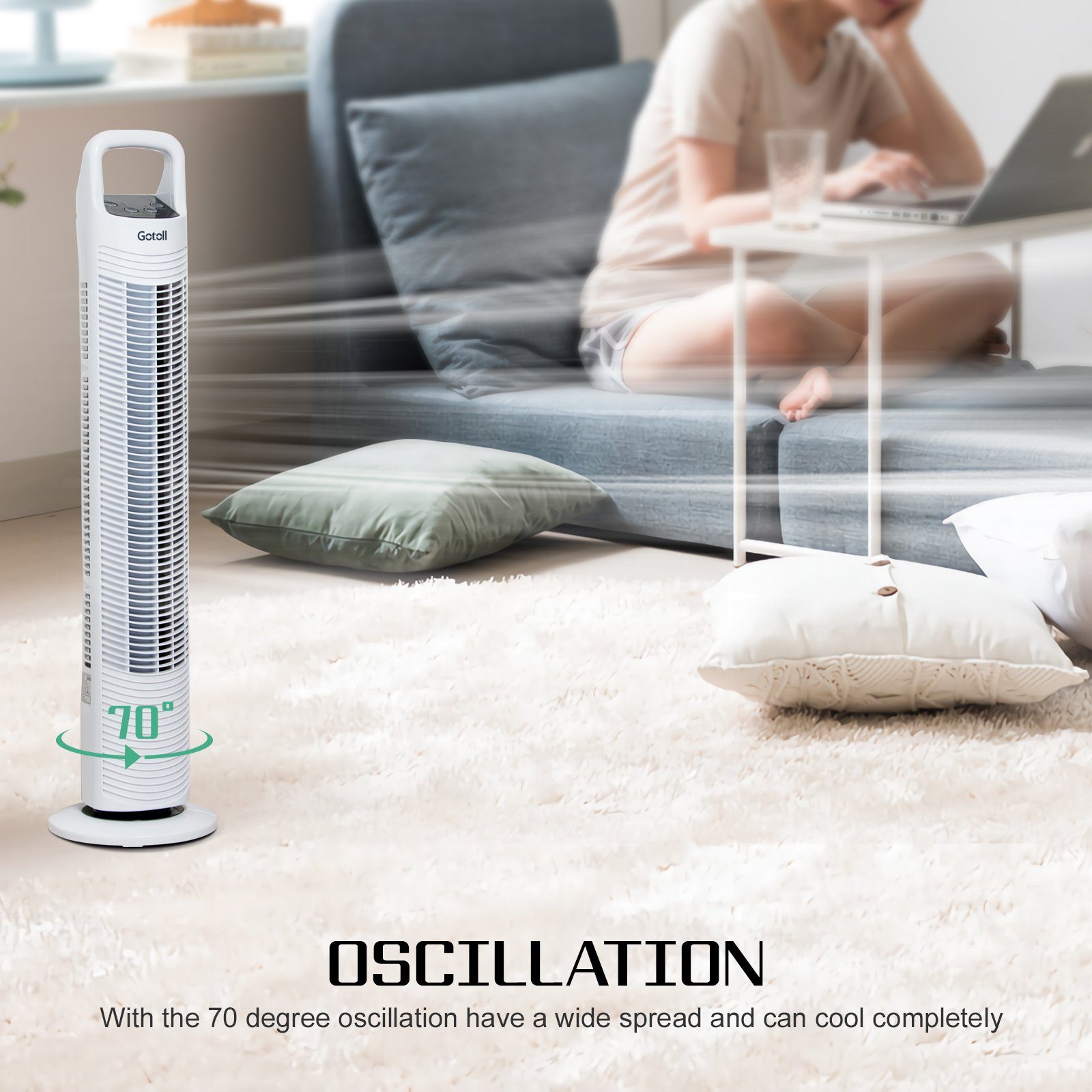 Gotoll Turmventilator GL302R, 81.3cm Säulenventilator mit Fernbedienung 70° Towerventilator Leise