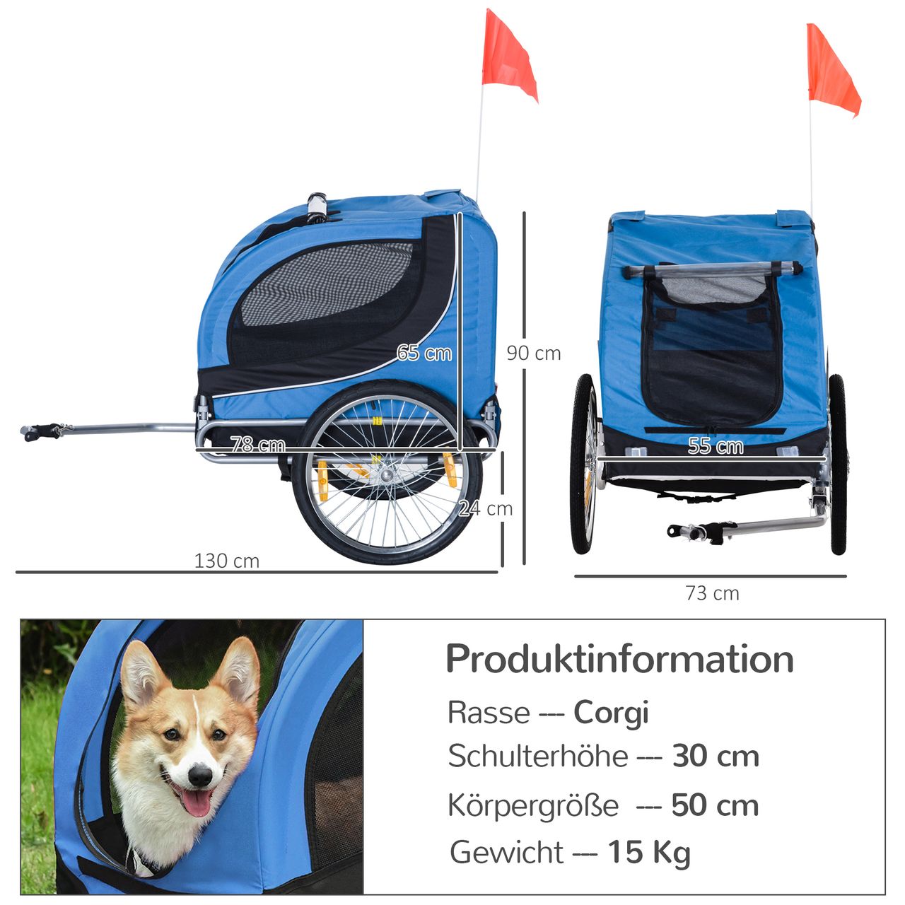 PawHut Fahrradanhänger Hundeanhänger Hunde Fahrrad Tier Anhänger Blau Schwarz