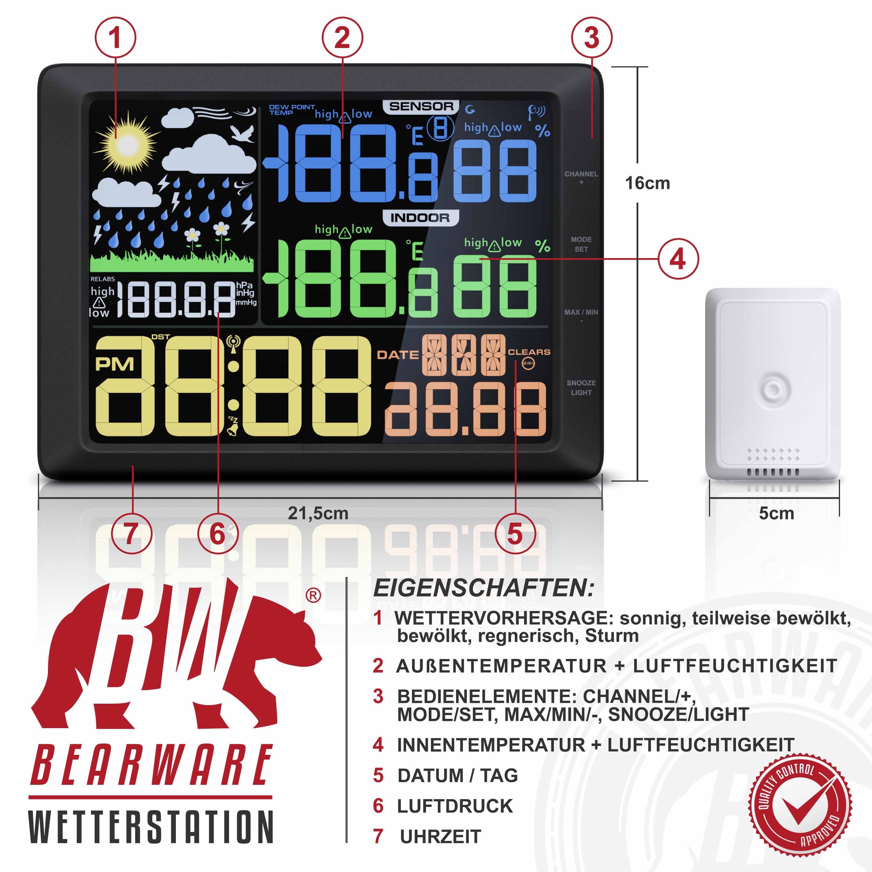BEARWARE Wetterstation (mit Außensensor, LCD Farbdisplay, Wettervorhersage, Luftdruck, Temperatur uvm)