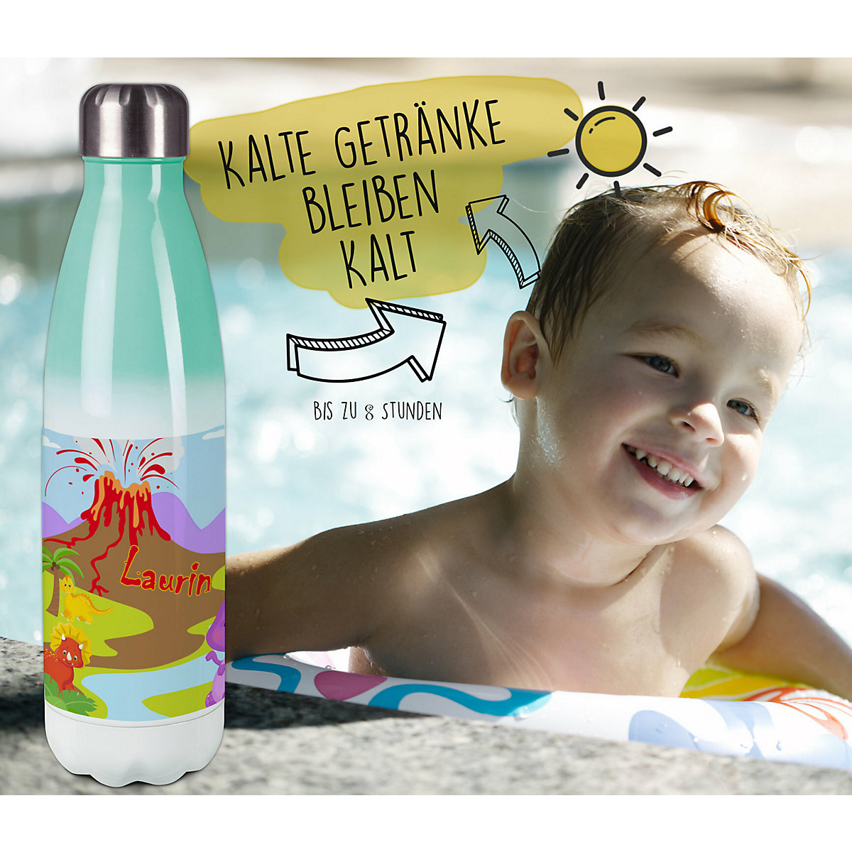 Edelstahl Kinder Thermoflasche / Trinkflasche bunt Dino Spülmaschinenfest, Auslaufsicher, Bruchfest, Doppelwandig, Für Heißgetränke geeignet, Mit Deckel, Isoliert