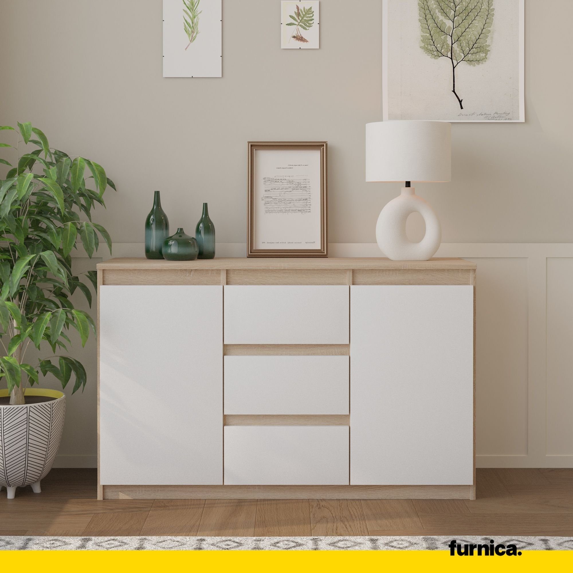 Furnica Kommode MIKEL, 3 Schubladen und 2 Türen - Sonoma Eiche H75cm B120cm T35cm (1 St)