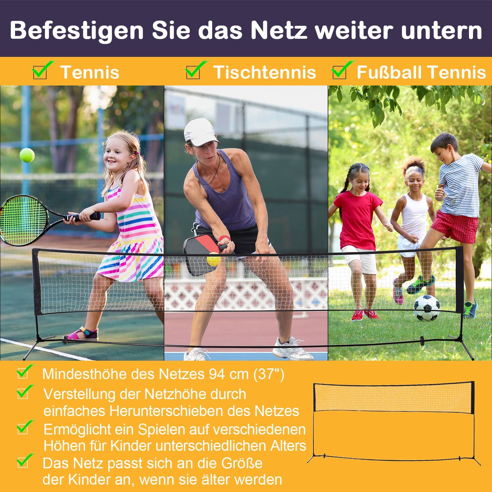 HOMCOM Badmintonnetz Set Höhenverstellbar Volleyballnetz, Metall Polyester Schwarz (Set, 1-St., faltbares Tennisnetz mit Badmintonschläger 94,158H cm), W400 x D103 cm