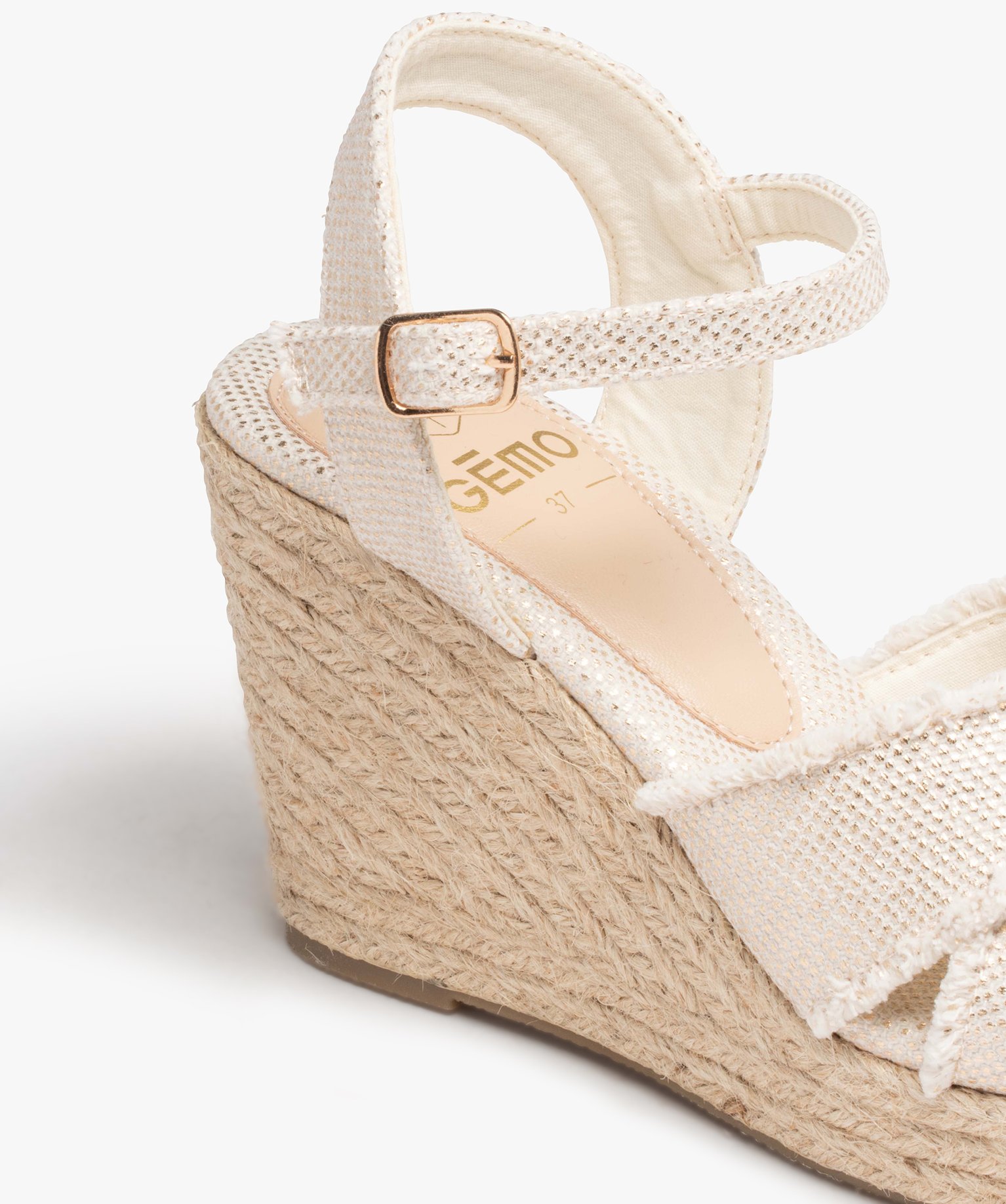 Sandales femme compensées dessus en toile brillante beige | GEMO