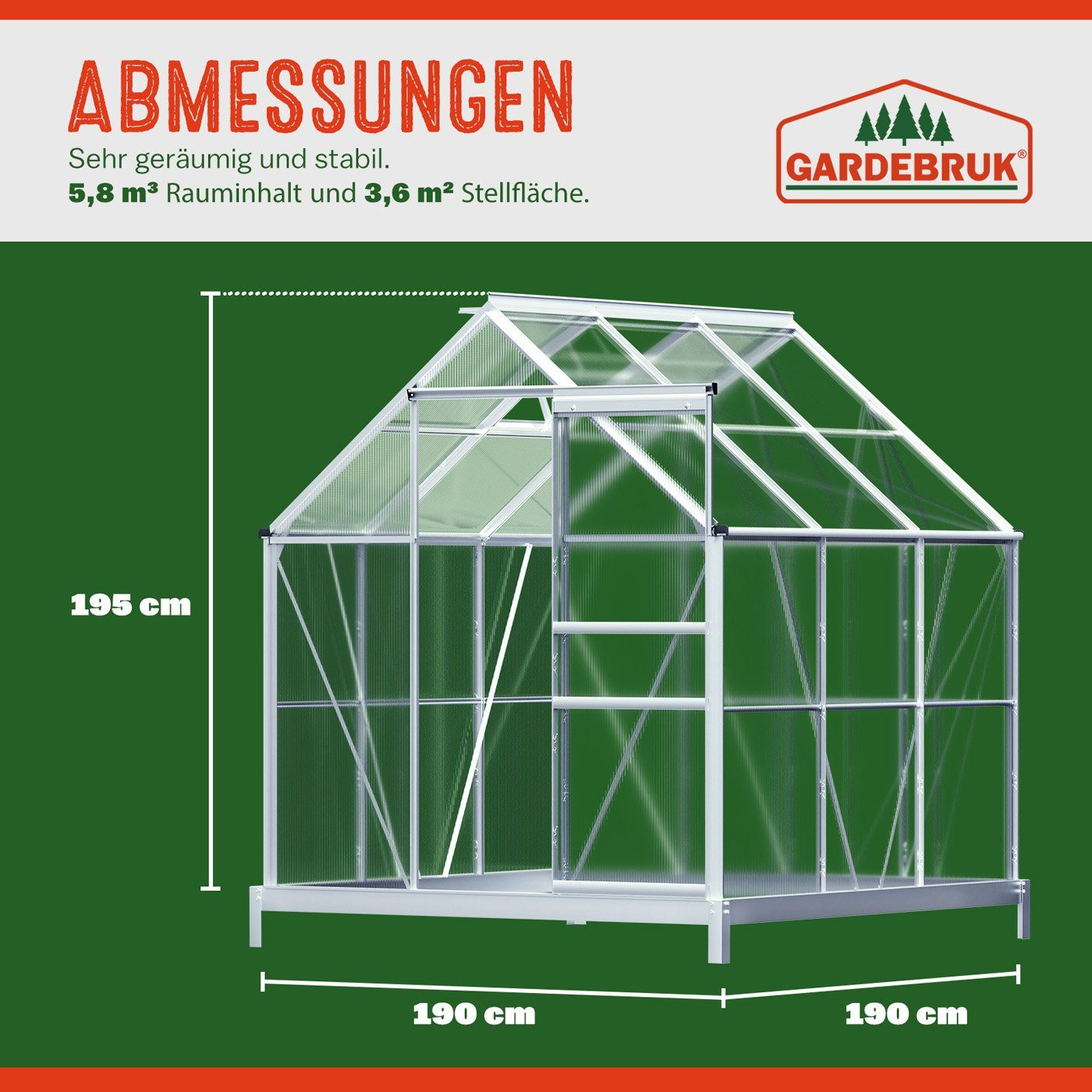 Gardebruk Gewächshaus, Aluminium 3,6m² mit Fundament 190x190cm inkl. Dachfenster Treibhaus