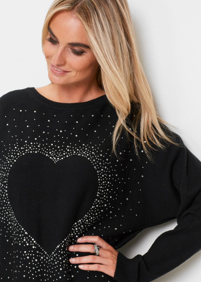 Longpullover mit Herz-Dekostein-Applikation