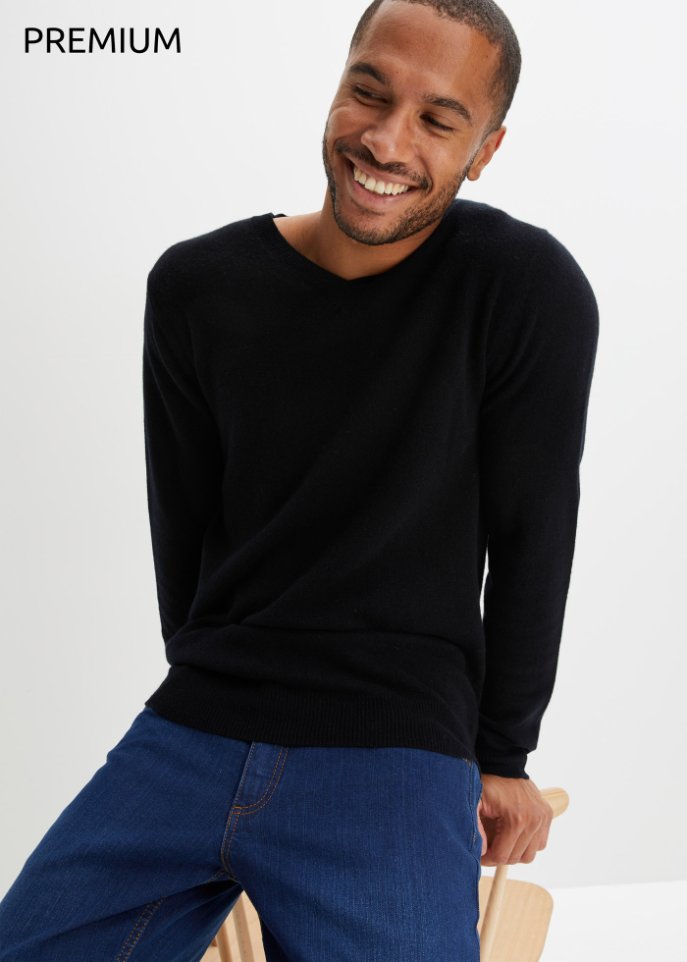 Premium Woll-Pullover mit Good Cashmere Standard®-Anteil, V-Ausschnitt