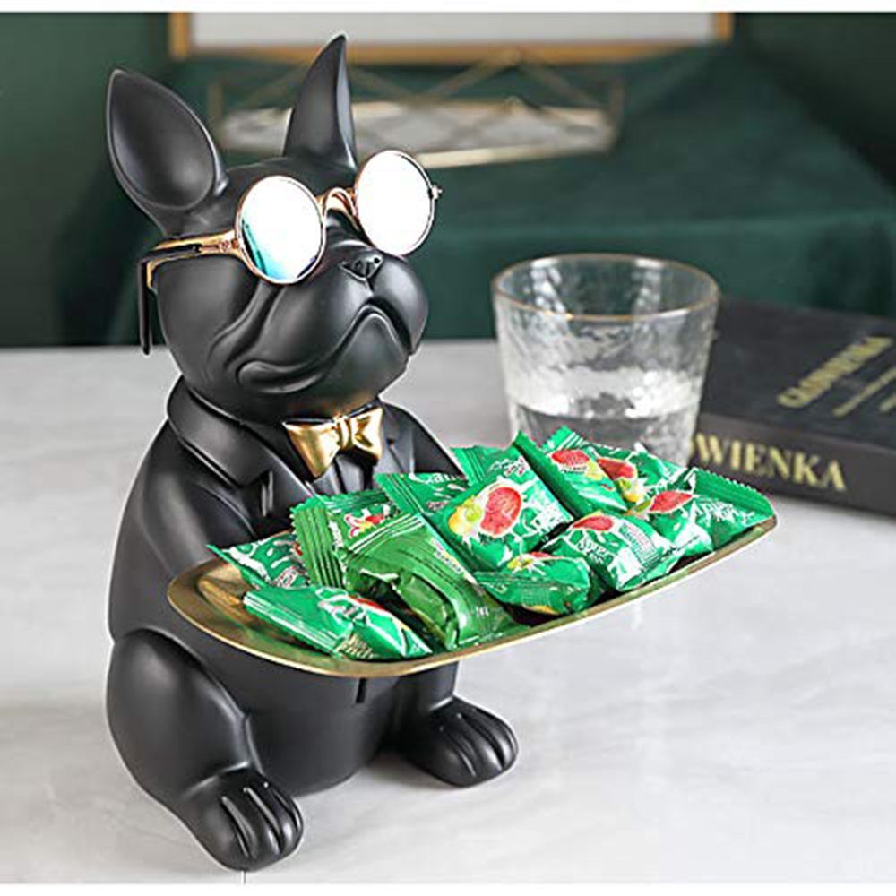 Haiaveng Tierfigur Coole Bulldoggen-Skulptur mit Edelstahltablett Französische Statue